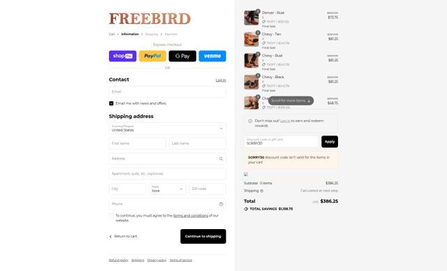 Freebird Stores checkout page showing Freebird Stores promo code box | Screenshot taken by SimplyCodes community member on Aug 26, 2025
