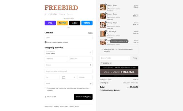 Freebird Stores checkout page showing Freebird Stores promo code box | Screenshot taken by SimplyCodes community member on Sep 3, 2025