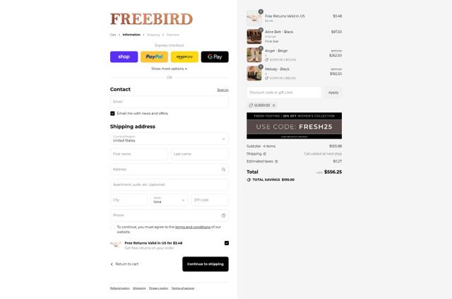 Freebird Stores checkout page showing Freebird Stores promo code box | Screenshot taken by SimplyCodes community member on Sep 14, 2025