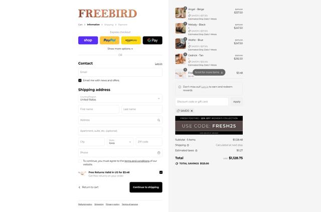 Freebird Stores checkout page showing Freebird Stores promo code box | Screenshot taken by SimplyCodes community member on Sep 7, 2025