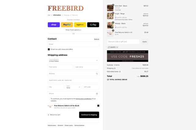 Freebird Stores checkout page showing Freebird Stores promo code box | Screenshot taken by SimplyCodes community member on Sep 11, 2025