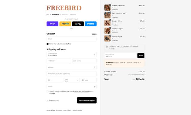 Freebird Stores checkout page showing Freebird Stores promo code box | Screenshot taken by SimplyCodes community member on Aug 30, 2025