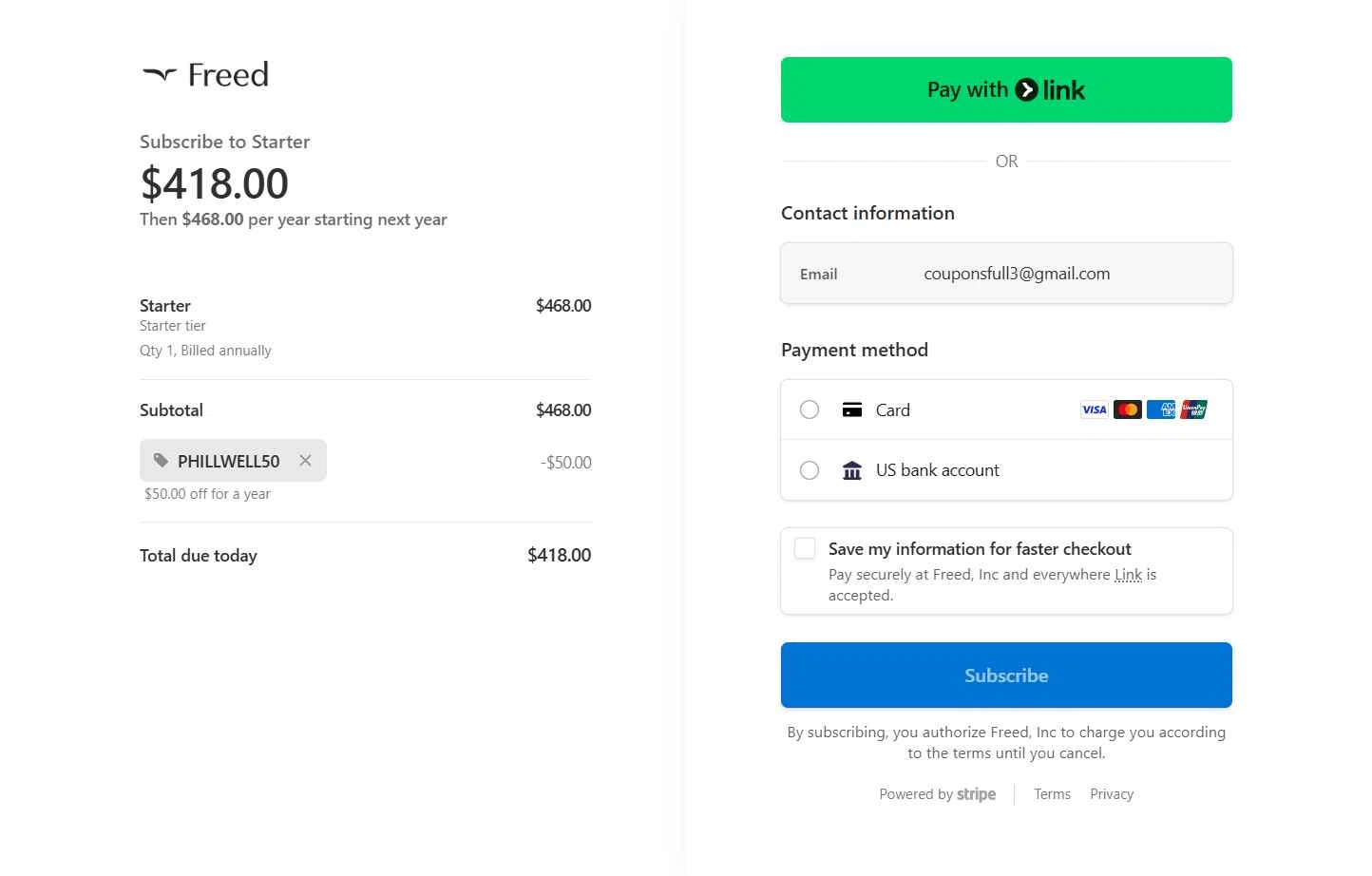 Freed checkout page showing Freed discount code box | Screenshot taken by SimplyCodes community member on Feb 6, 2026