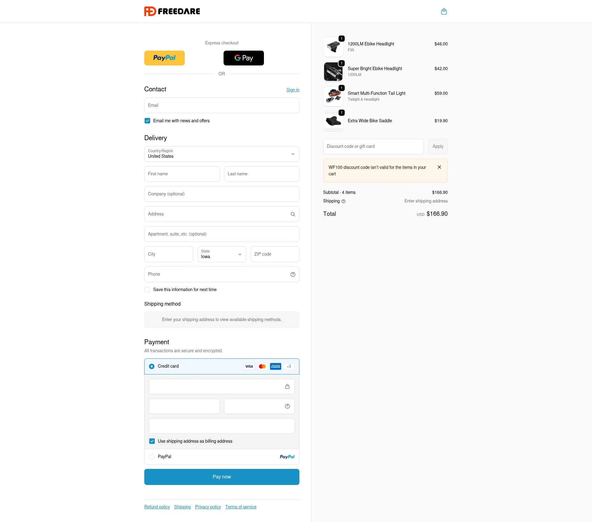 Freedare Bike checkout page showing Freedare Bike promo code box | Screenshot taken by SimplyCodes community member on Jan 8, 2026