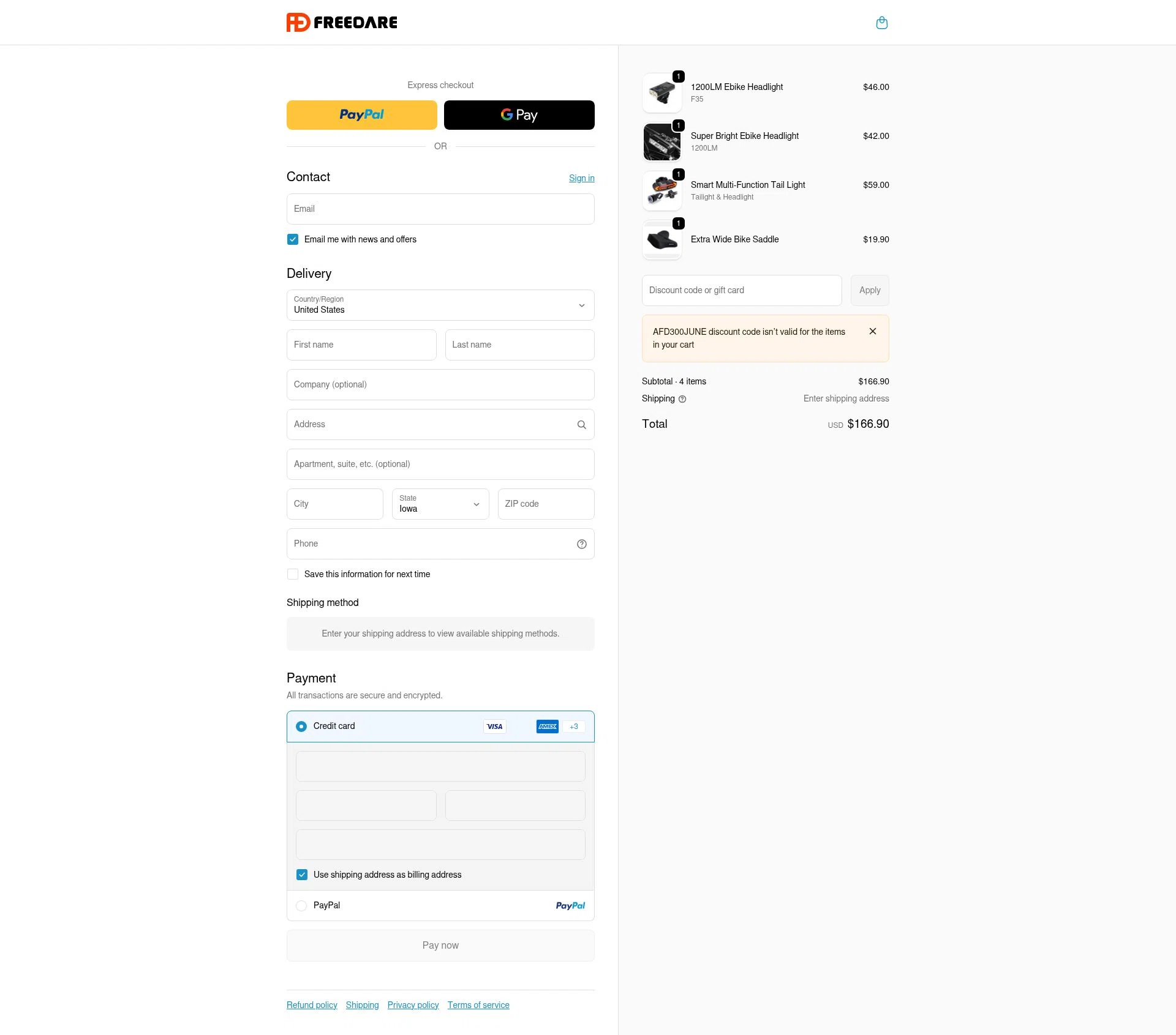 Freedare Bike checkout page showing Freedare Bike promo code box | Screenshot taken by SimplyCodes community member on Jan 8, 2026