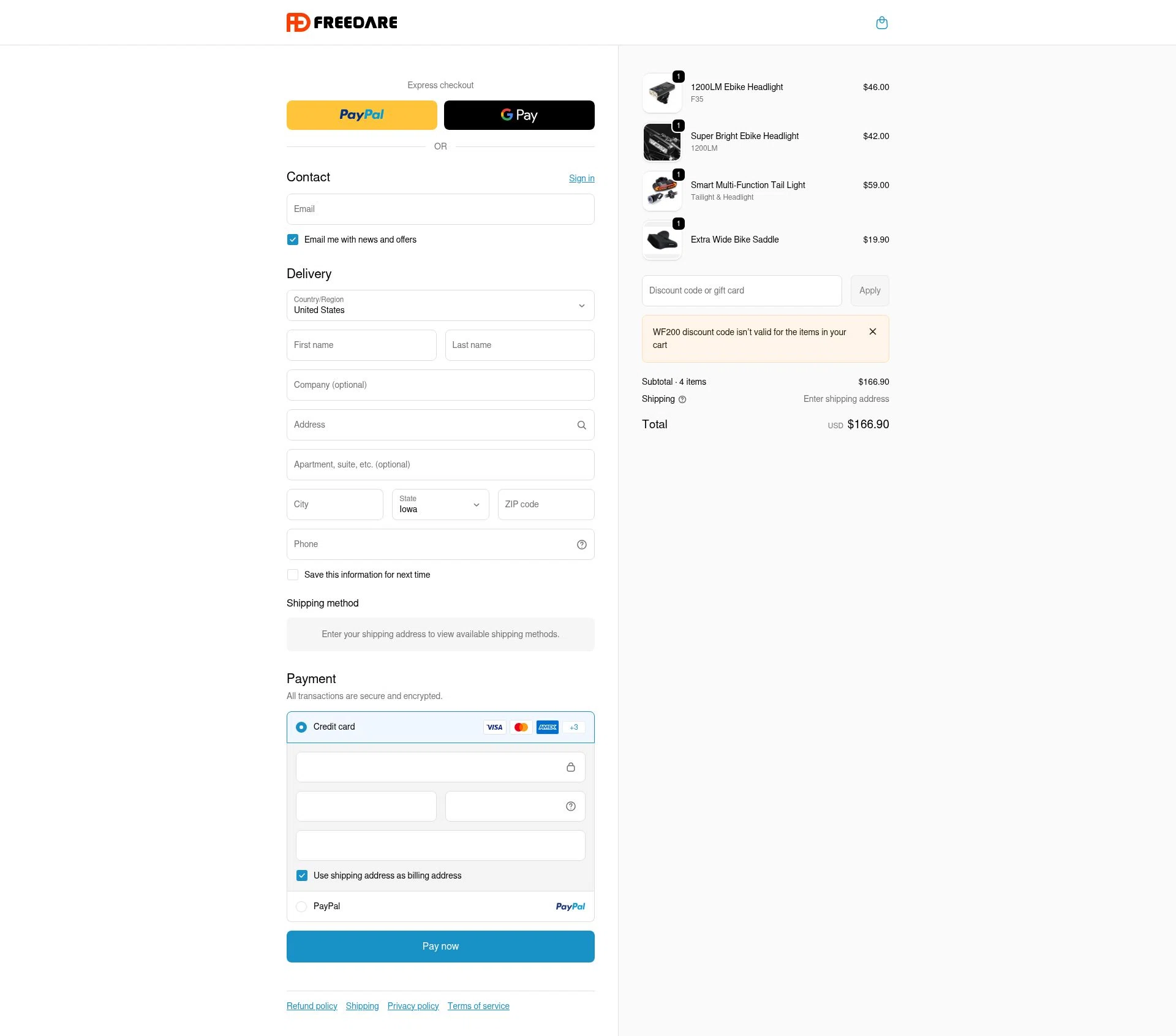 Freedare Bike checkout page showing Freedare Bike promo code box | Screenshot taken by SimplyCodes community member on Jan 8, 2026