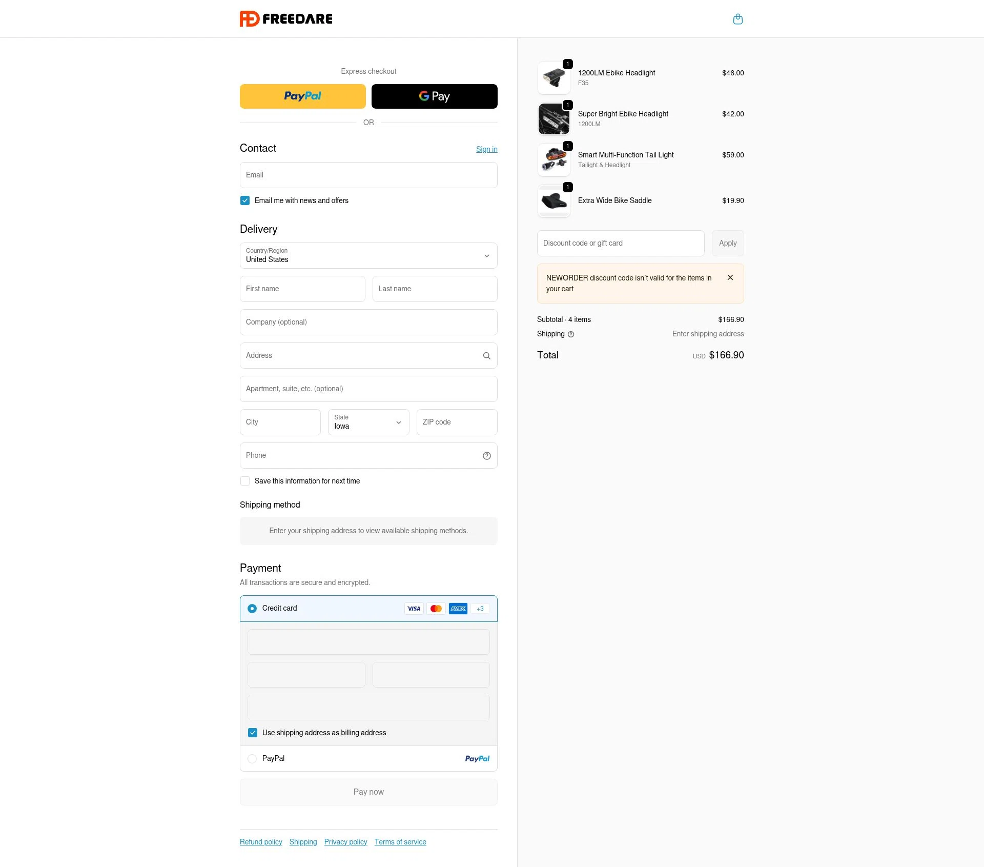 Freedare Bike checkout page showing Freedare Bike promo code box | Screenshot taken by SimplyCodes community member on Jan 8, 2026