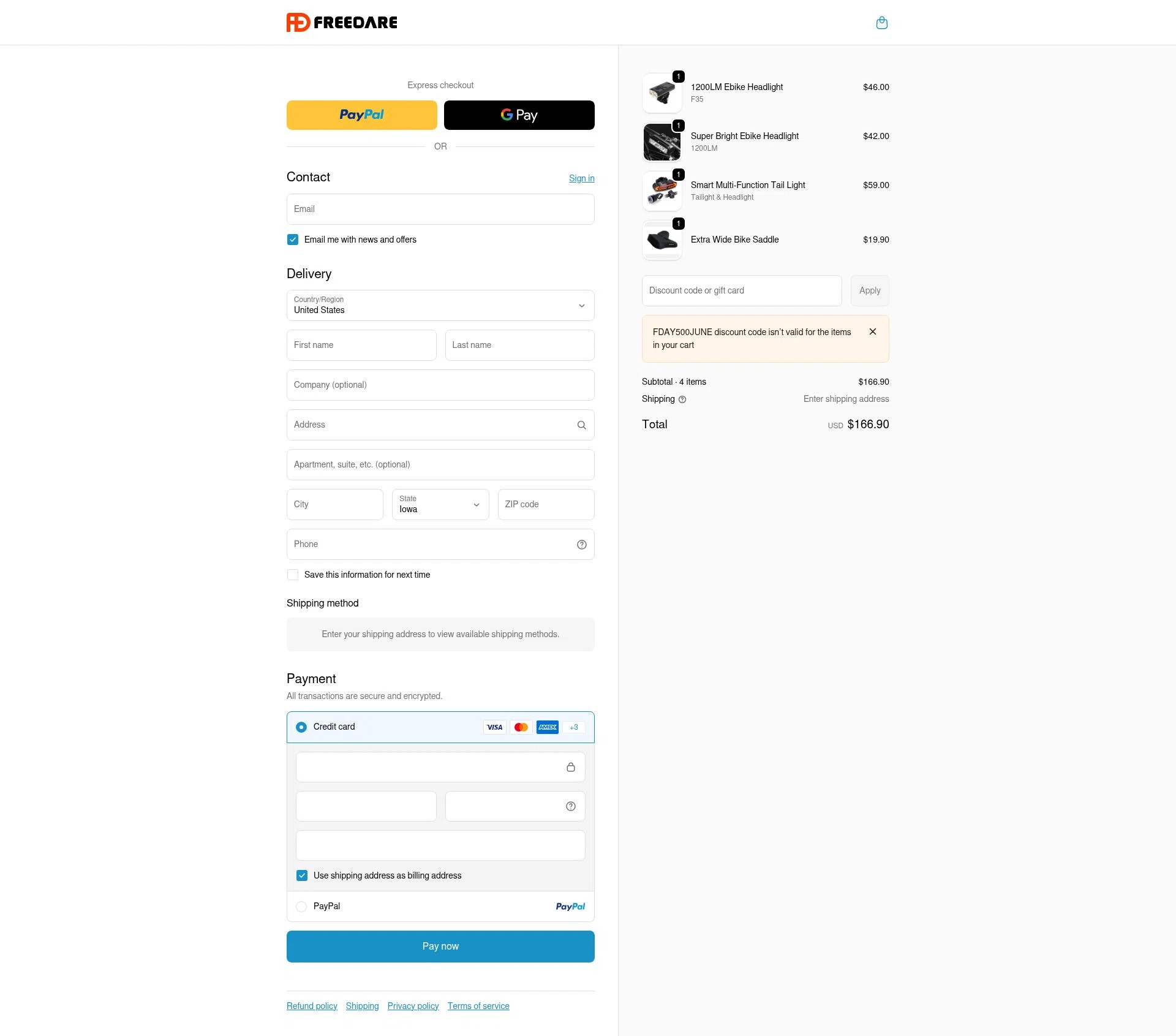 Freedare Bike checkout page showing Freedare Bike promo code box | Screenshot taken by SimplyCodes community member on Jan 8, 2026