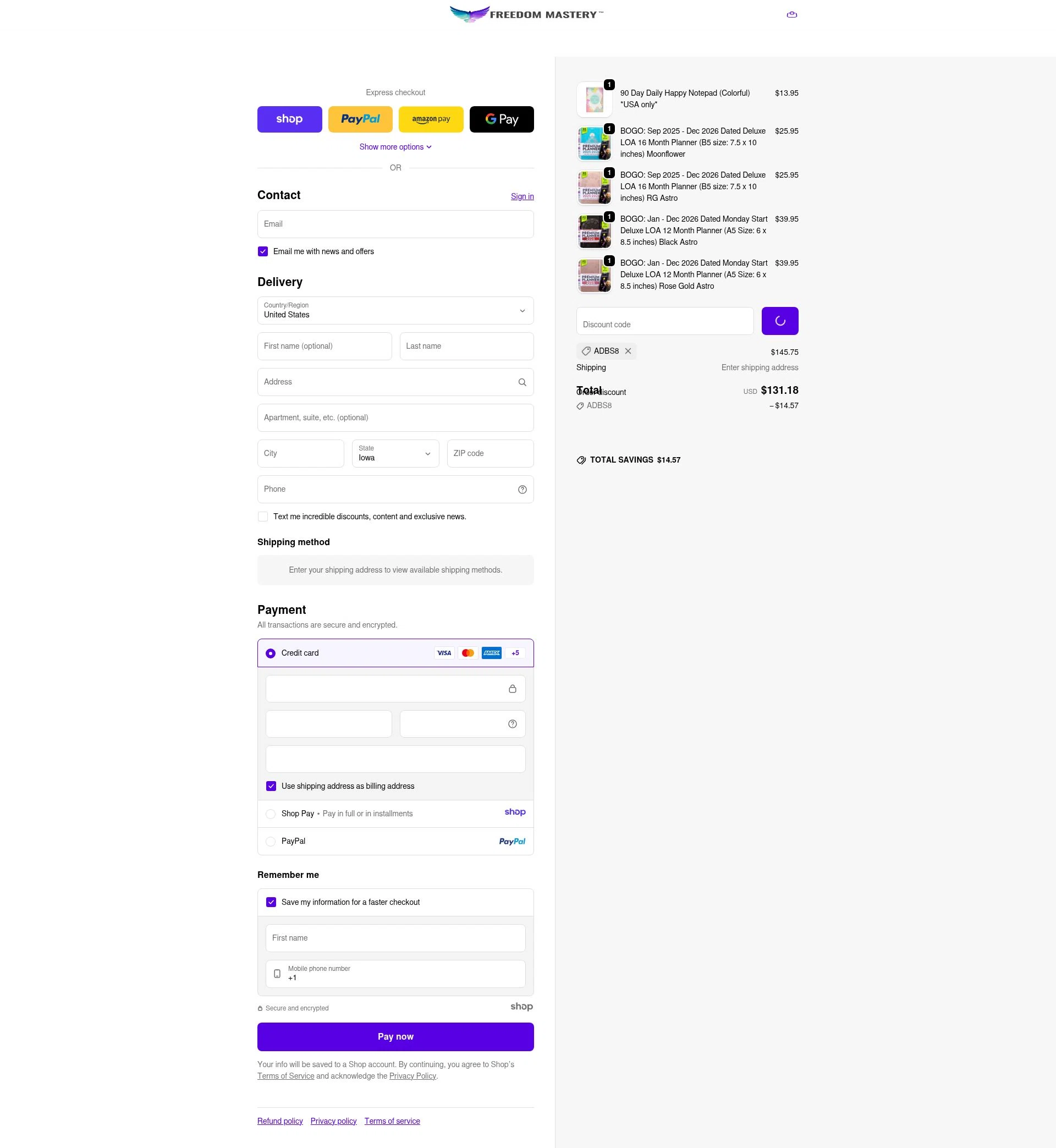 Freedom Mastery checkout page showing Freedom Mastery promo code box | Screenshot taken by SimplyCodes community member on Jan 9, 2026