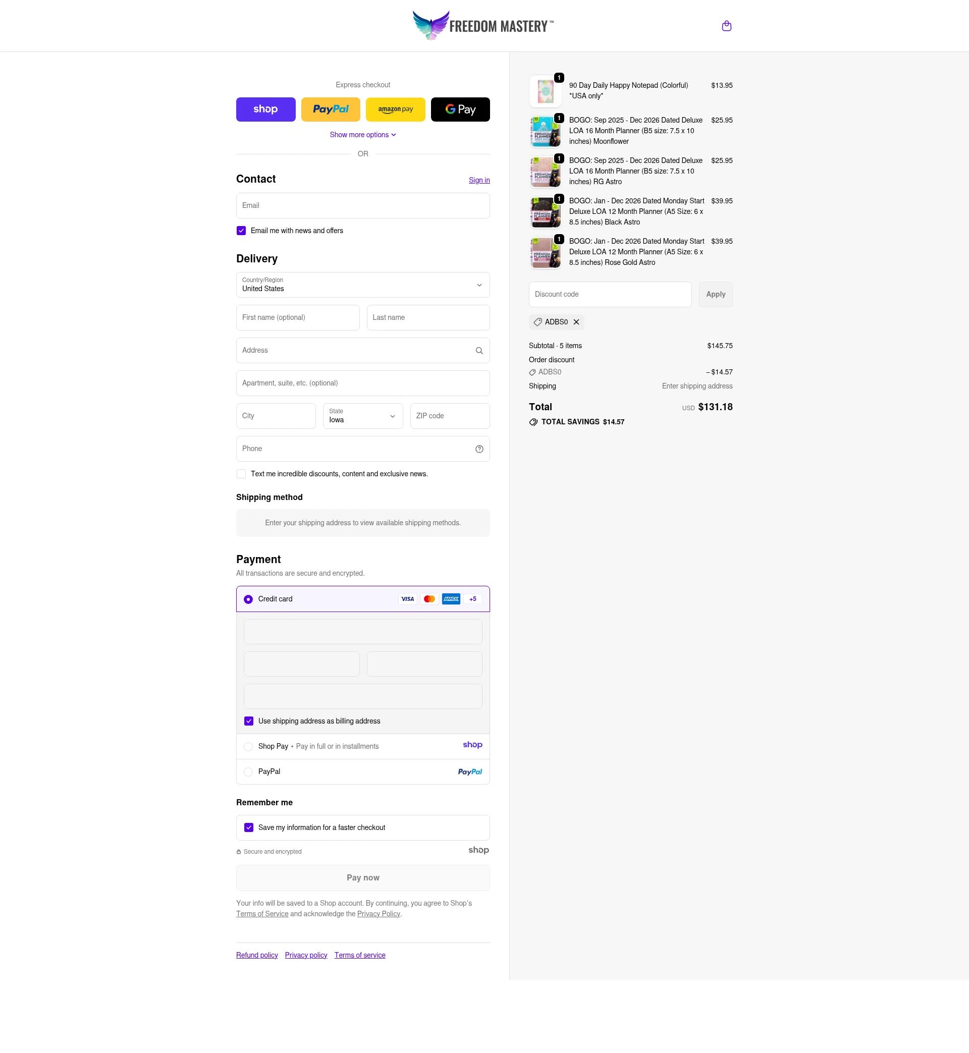 Freedom Mastery checkout page showing Freedom Mastery promo code box | Screenshot taken by SimplyCodes community member on Jan 9, 2026