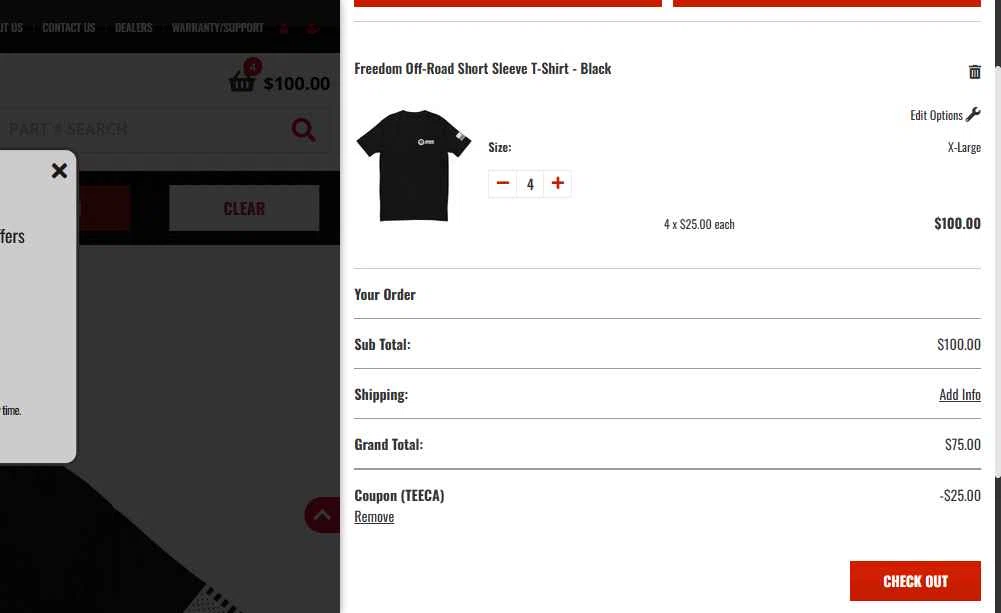 Freedom Off-Road checkout page showing Freedom Off-Road coupon code box | Screenshot taken by SimplyCodes community member on Jul 27, 2025