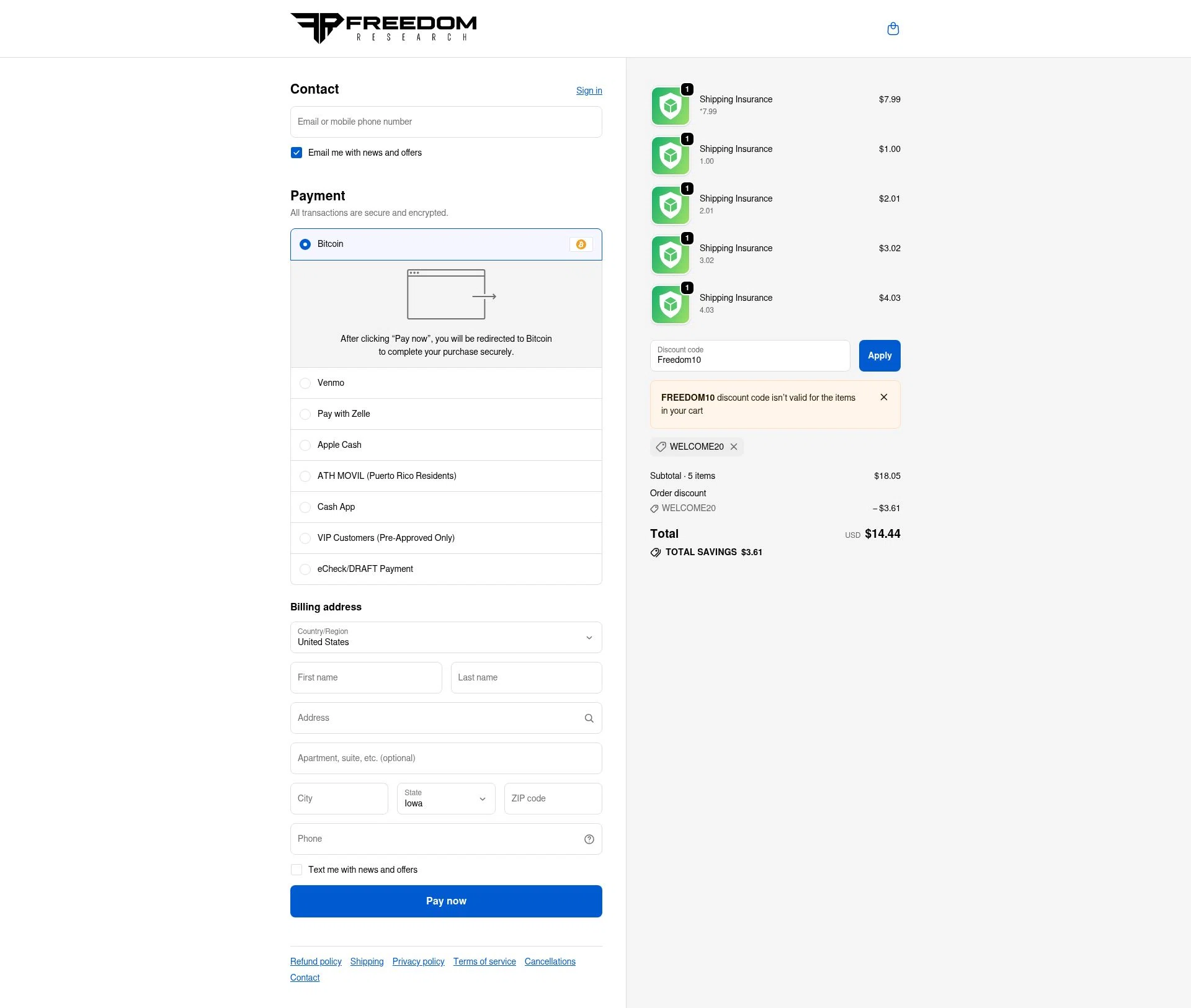 Freedom Research checkout page showing Freedom Research discount code box | Screenshot taken by SimplyCodes community member on Oct 28, 2025