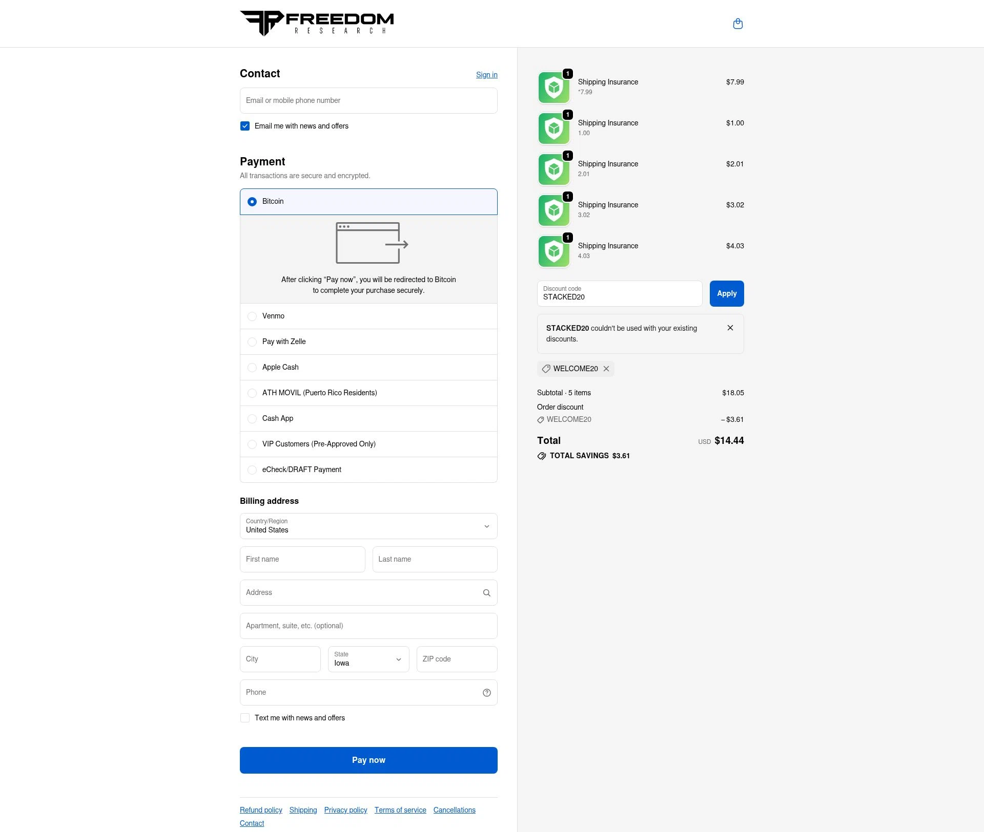 Freedom Research checkout page showing Freedom Research discount code box | Screenshot taken by SimplyCodes community member on Oct 28, 2025