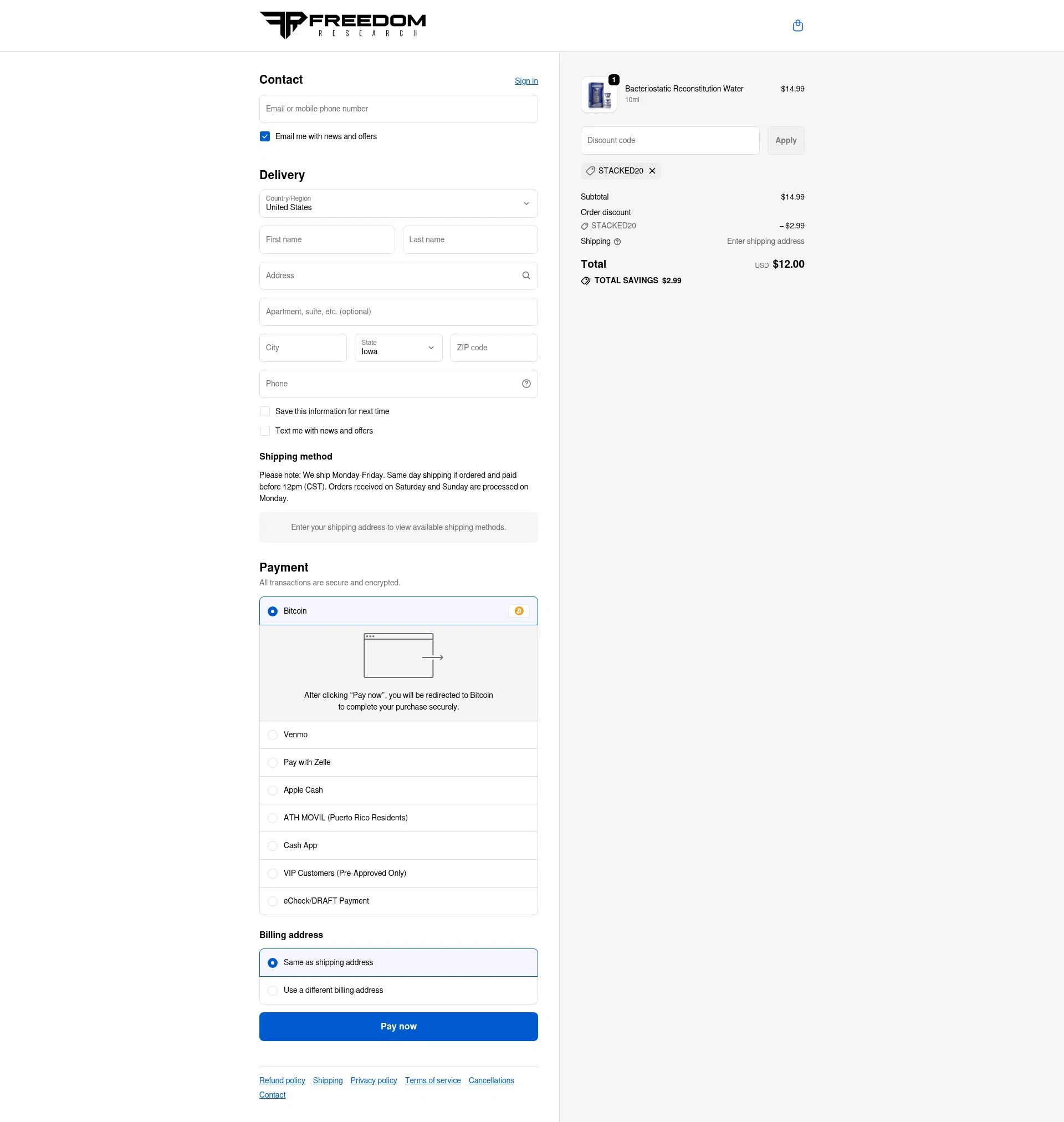 Freedom Research checkout page showing Freedom Research discount code box | Screenshot taken by SimplyCodes community member on Nov 4, 2025
