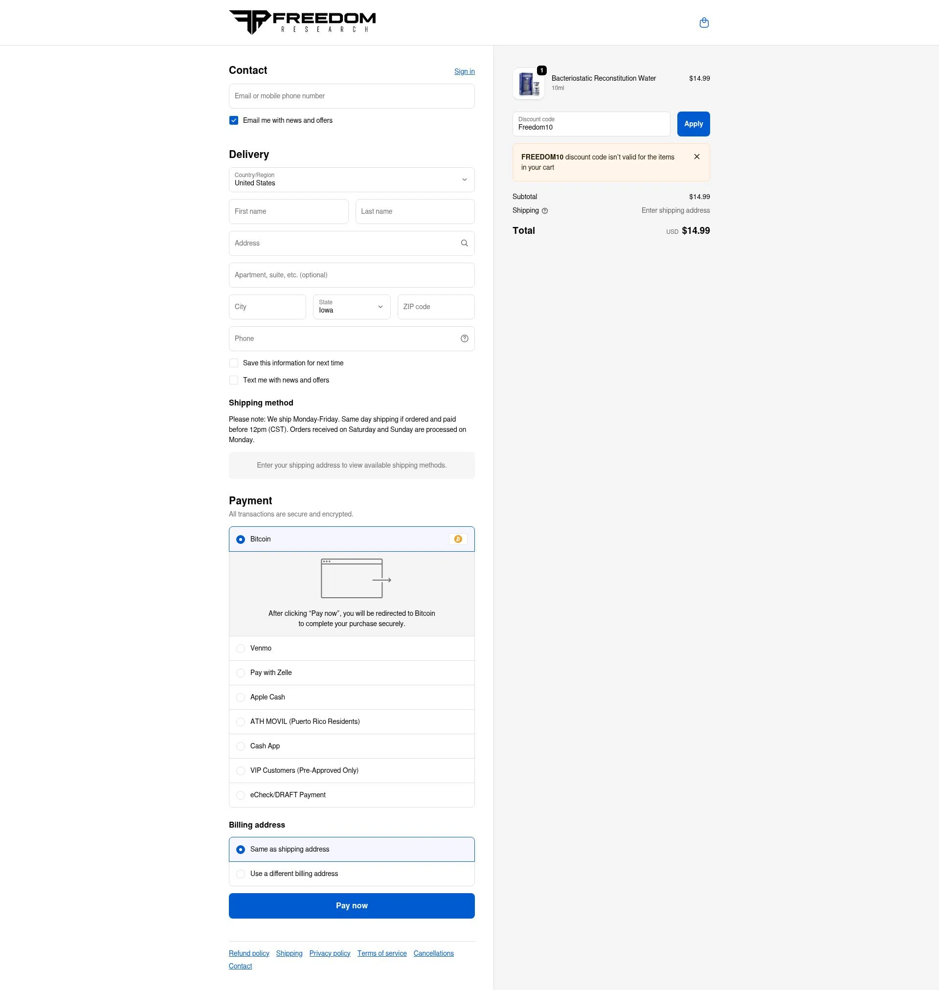Freedom Research checkout page showing Freedom Research discount code box | Screenshot taken by SimplyCodes community member on Nov 4, 2025