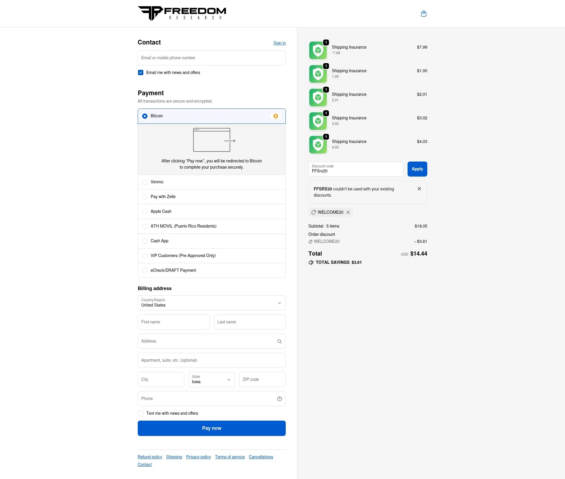Freedom Research checkout page showing Freedom Research discount code box | Screenshot taken by SimplyCodes community member on Oct 28, 2025