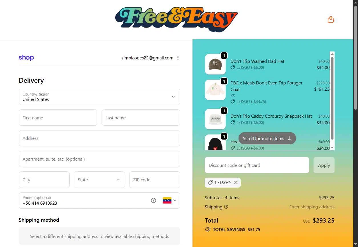 Free & Easy checkout page showing Free & Easy discount code box | Screenshot taken by SimplyCodes community member on Feb 13, 2026