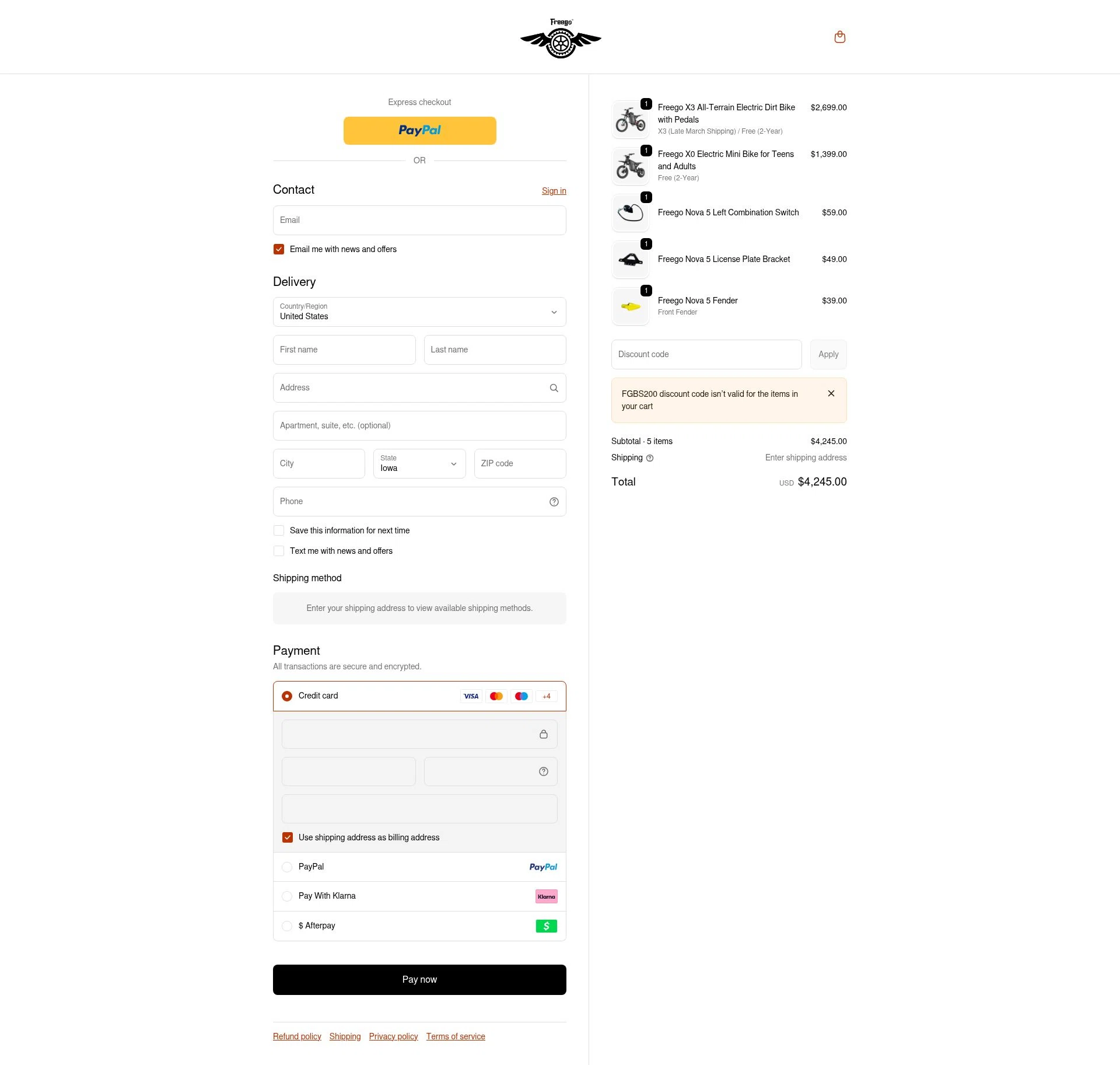 Freegobikes checkout page showing Freegobikes promo code box | Screenshot taken by SimplyCodes community member on Feb 20, 2026