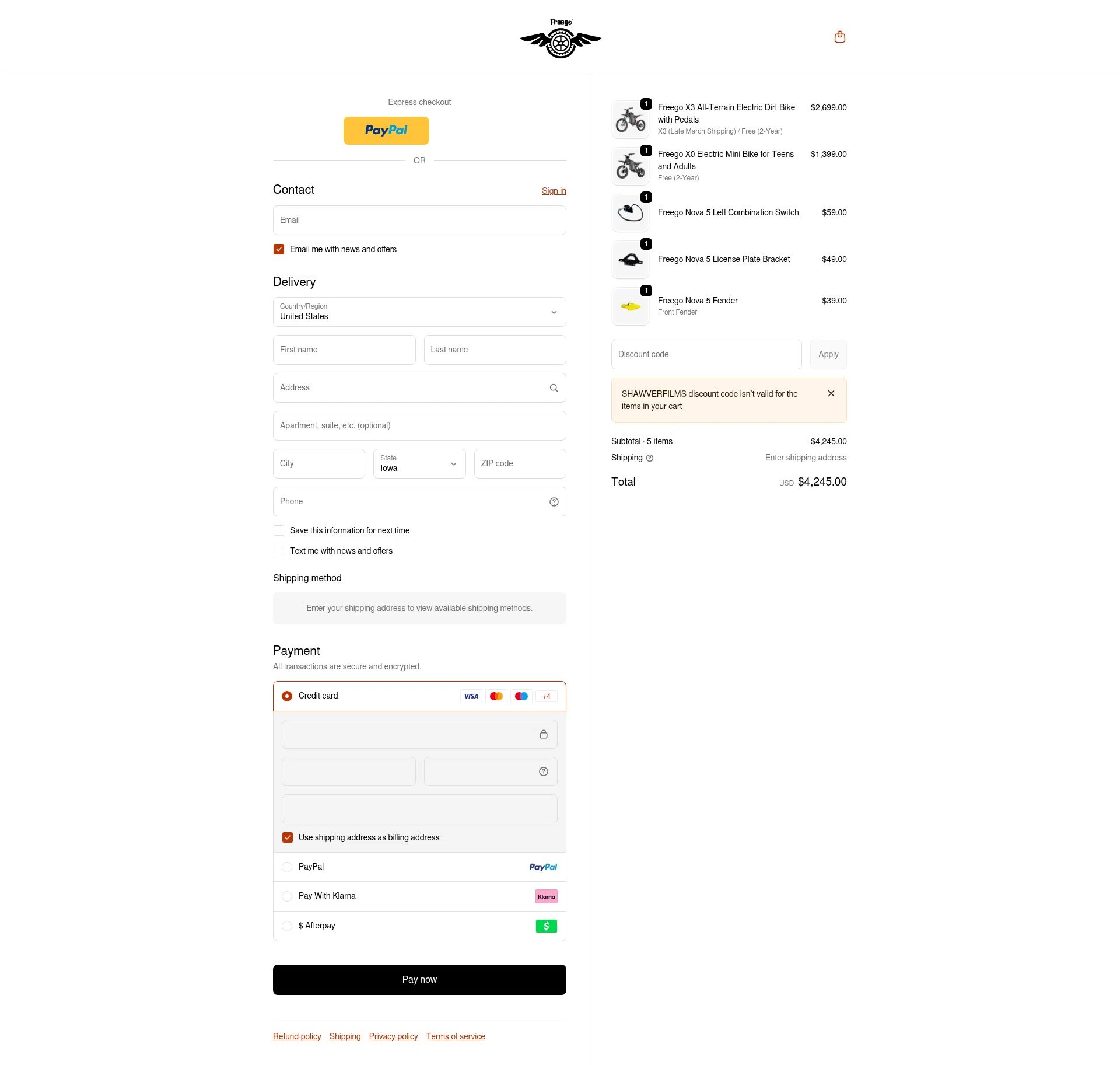 Freegobikes checkout page showing Freegobikes promo code box | Screenshot taken by SimplyCodes community member on Feb 20, 2026