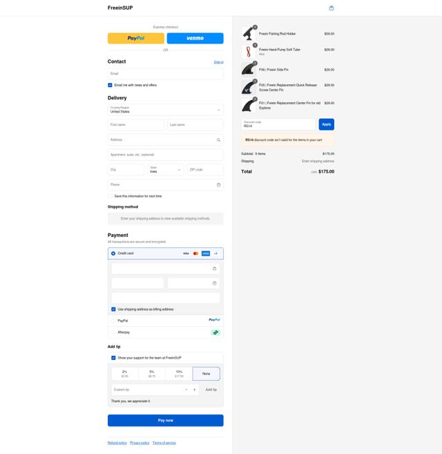FreeinSUP checkout page showing FreeinSUP promo code box | Screenshot taken by SimplyCodes community member on Sep 13, 2025