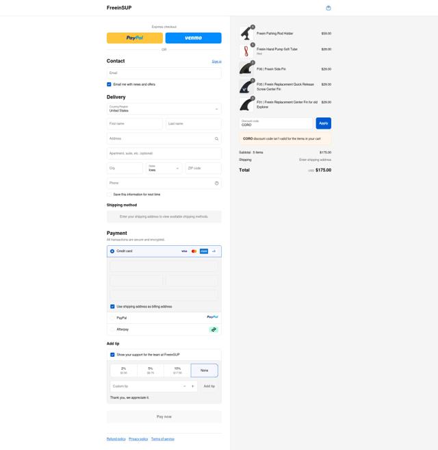 FreeinSUP checkout page showing FreeinSUP promo code box | Screenshot taken by SimplyCodes community member on Sep 13, 2025