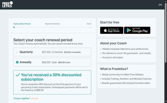 Freeletics checkout page showing Freeletics promo code box | Screenshot taken by SimplyCodes community member on Aug 12, 2025