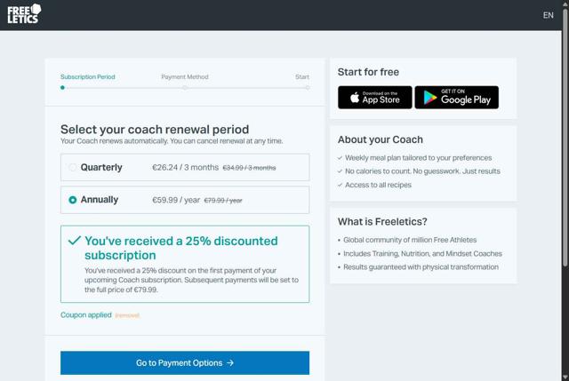 Freeletics checkout page showing Freeletics promo code box | Screenshot taken by SimplyCodes community member on Aug 19, 2025