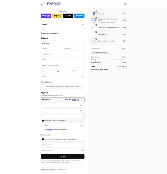 Freemie checkout page showing Freemie discount code box | Screenshot taken by SimplyCodes community member on Aug 14, 2025
