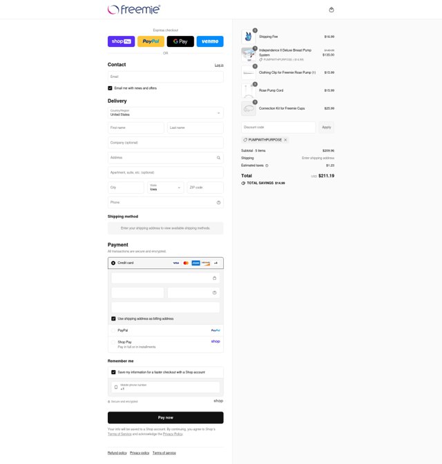 Freemie checkout page showing Freemie discount code box | Screenshot taken by SimplyCodes community member on Aug 23, 2025