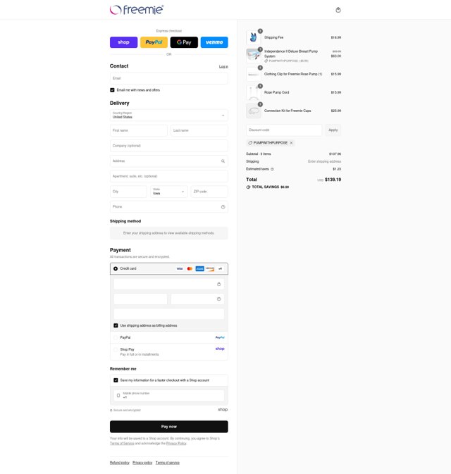 Freemie checkout page showing Freemie discount code box | Screenshot taken by SimplyCodes community member on Sep 5, 2025