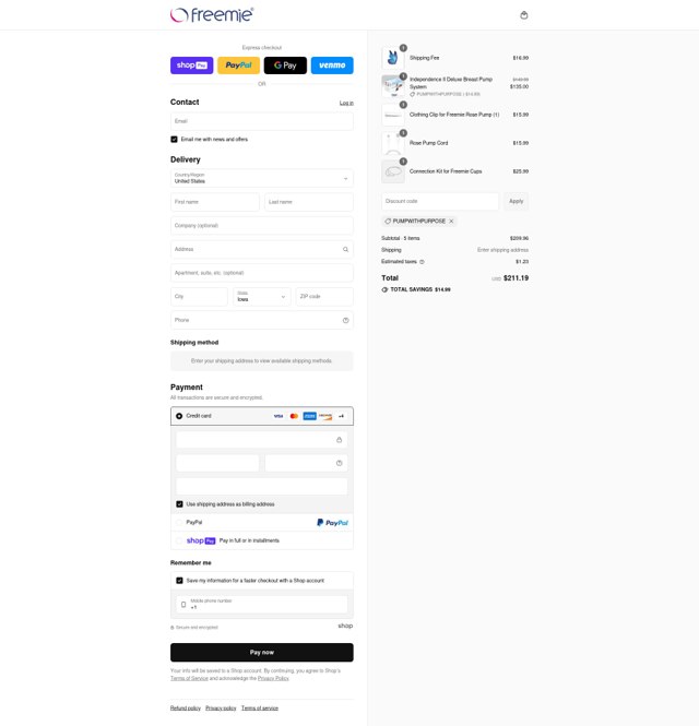 Freemie checkout page showing Freemie discount code box | Screenshot taken by SimplyCodes community member on Aug 1, 2025