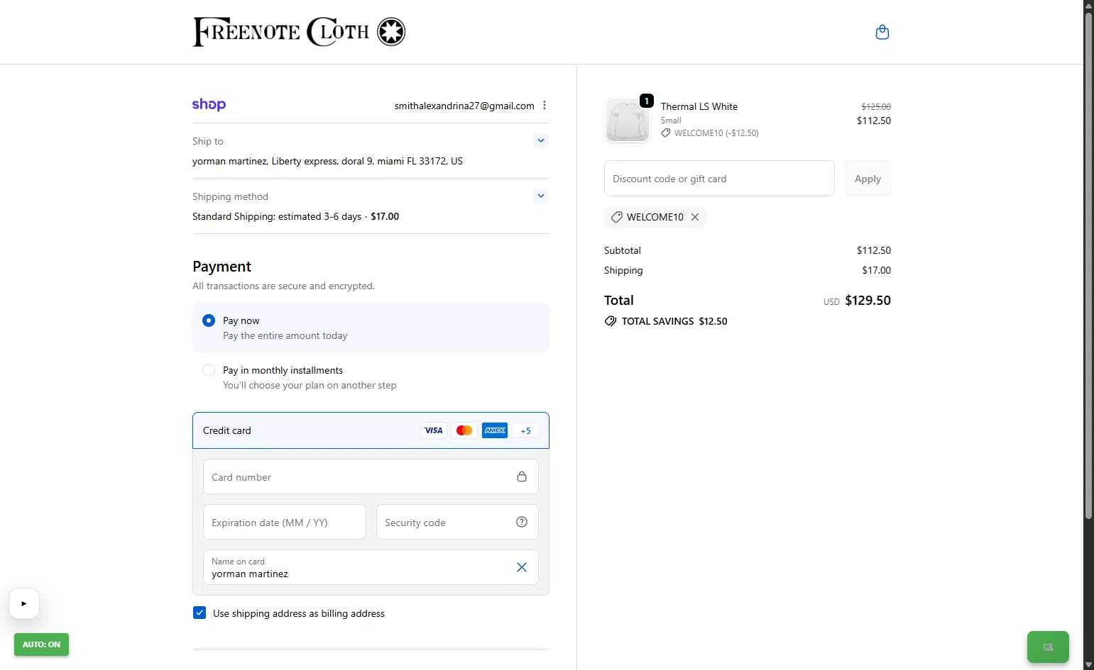 Freenote Cloth checkout page showing Freenote Cloth discount code box | Screenshot taken by SimplyCodes community member on Feb 19, 2026