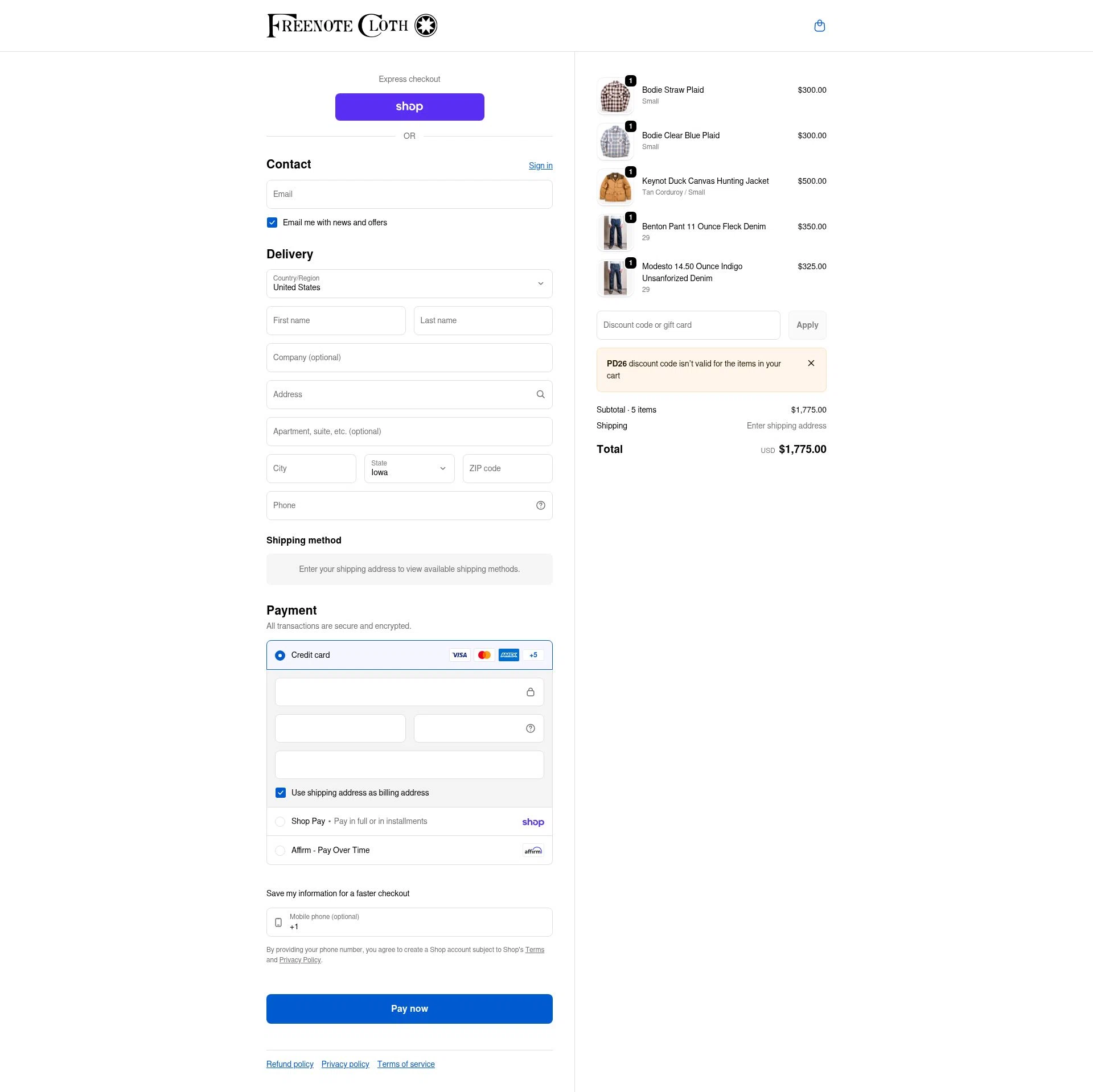 Freenote Cloth checkout page showing Freenote Cloth discount code box | Screenshot taken by SimplyCodes community member on Feb 14, 2026