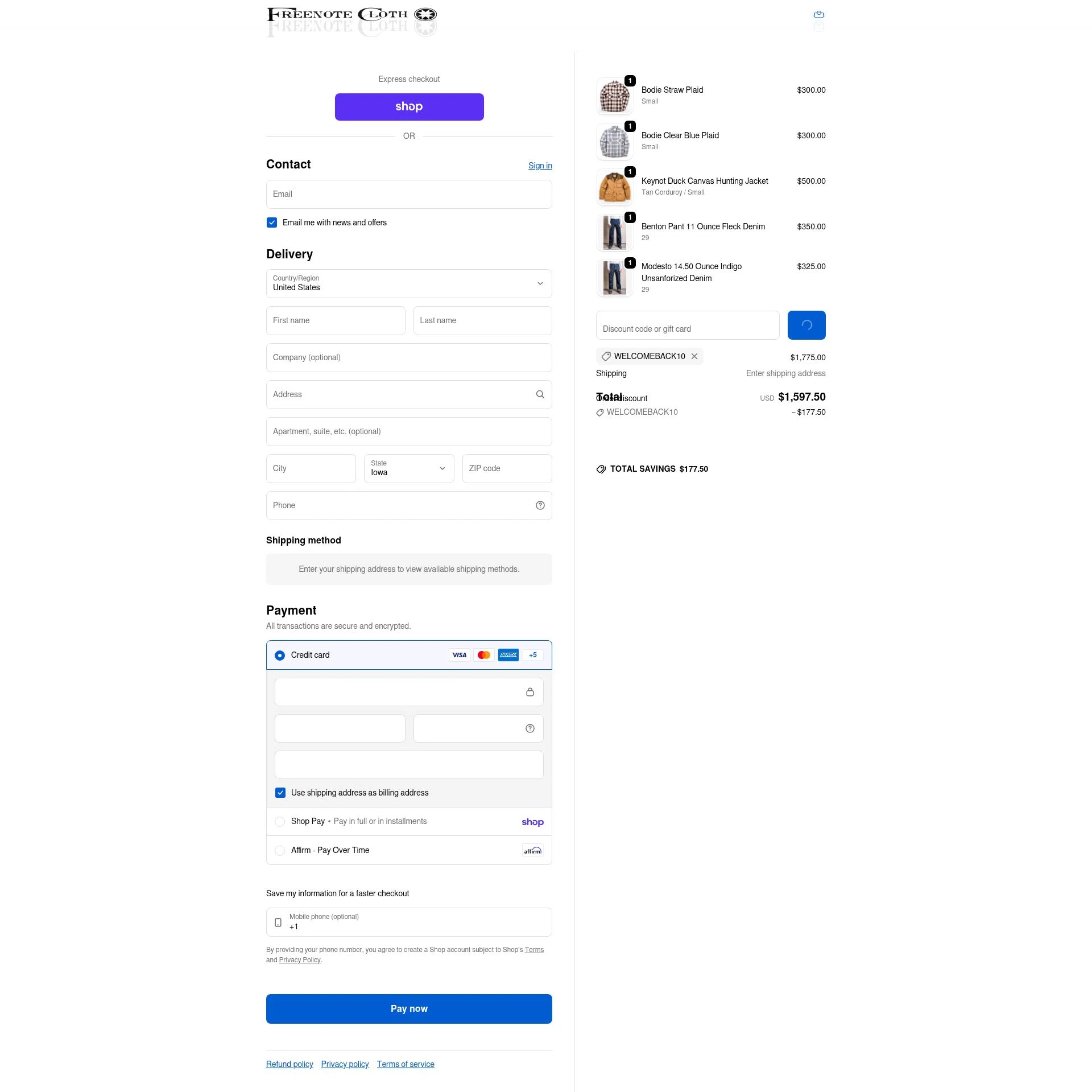 Freenote Cloth checkout page showing Freenote Cloth discount code box | Screenshot taken by SimplyCodes community member on Feb 19, 2026