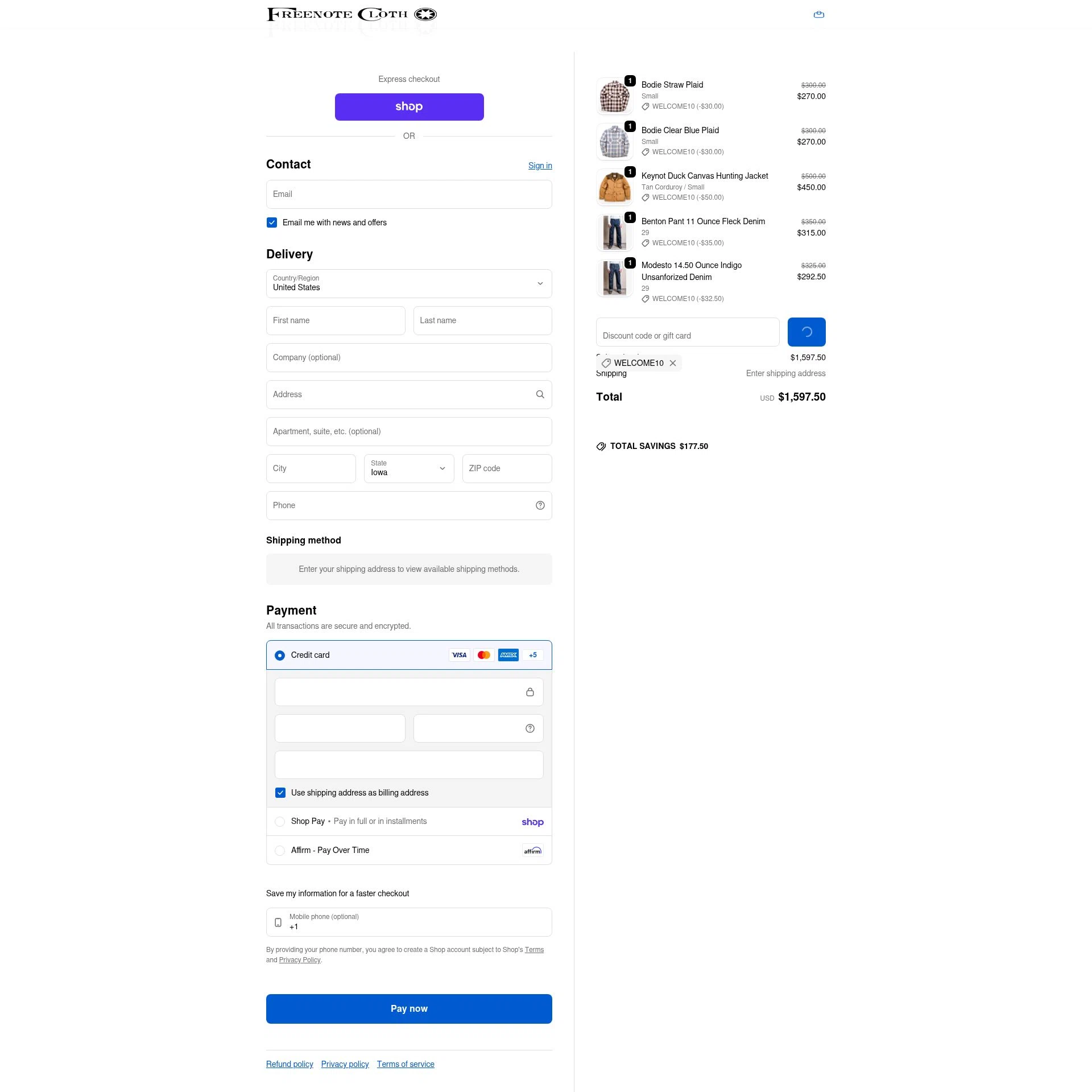Freenote Cloth checkout page showing Freenote Cloth discount code box | Screenshot taken by SimplyCodes community member on Feb 14, 2026