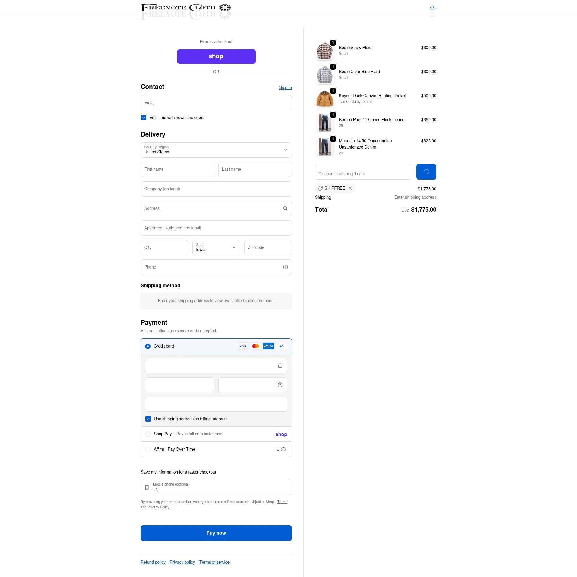 Freenote Cloth checkout page showing Freenote Cloth discount code box | Screenshot taken by SimplyCodes community member on Feb 14, 2026