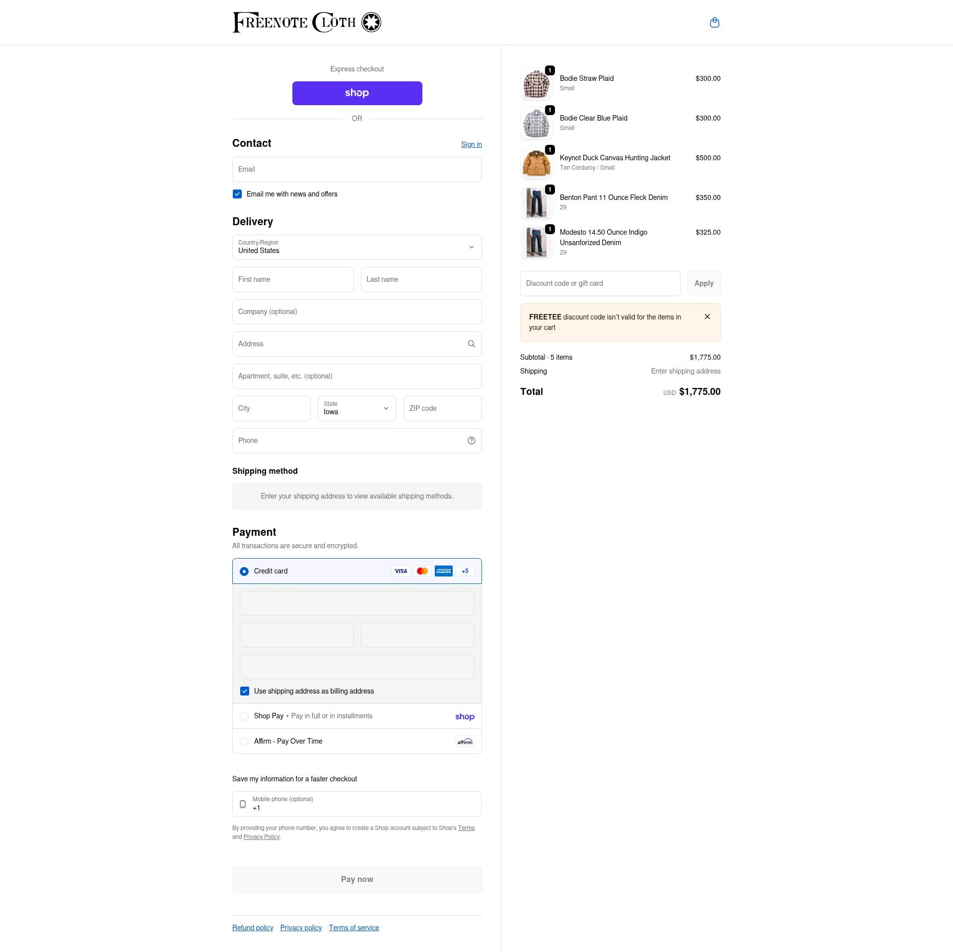 Freenote Cloth checkout page showing Freenote Cloth discount code box | Screenshot taken by SimplyCodes community member on Feb 19, 2026