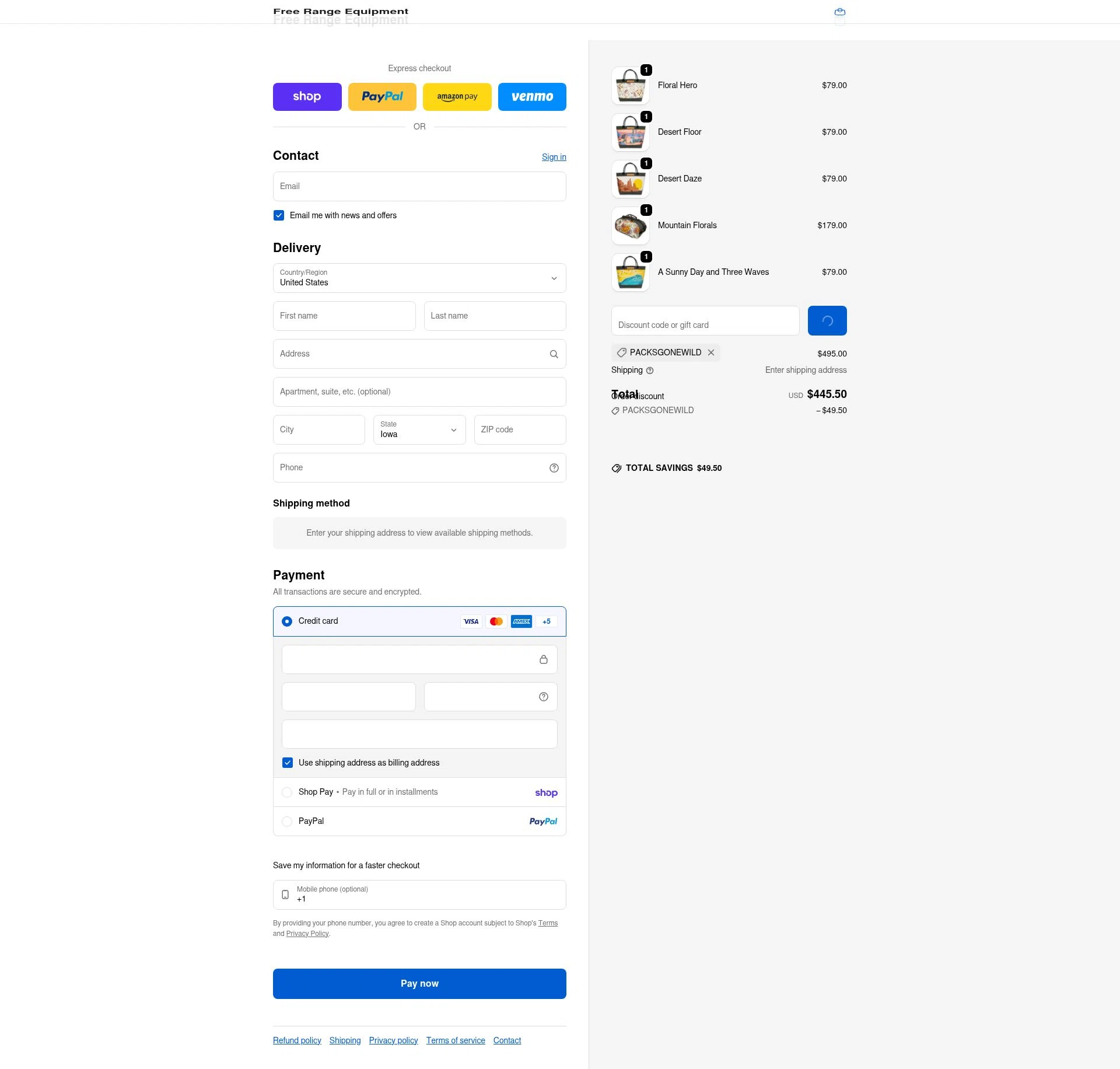 Free Range Equipment checkout page showing Free Range Equipment promo code box | Screenshot taken by SimplyCodes community member on Feb 9, 2026