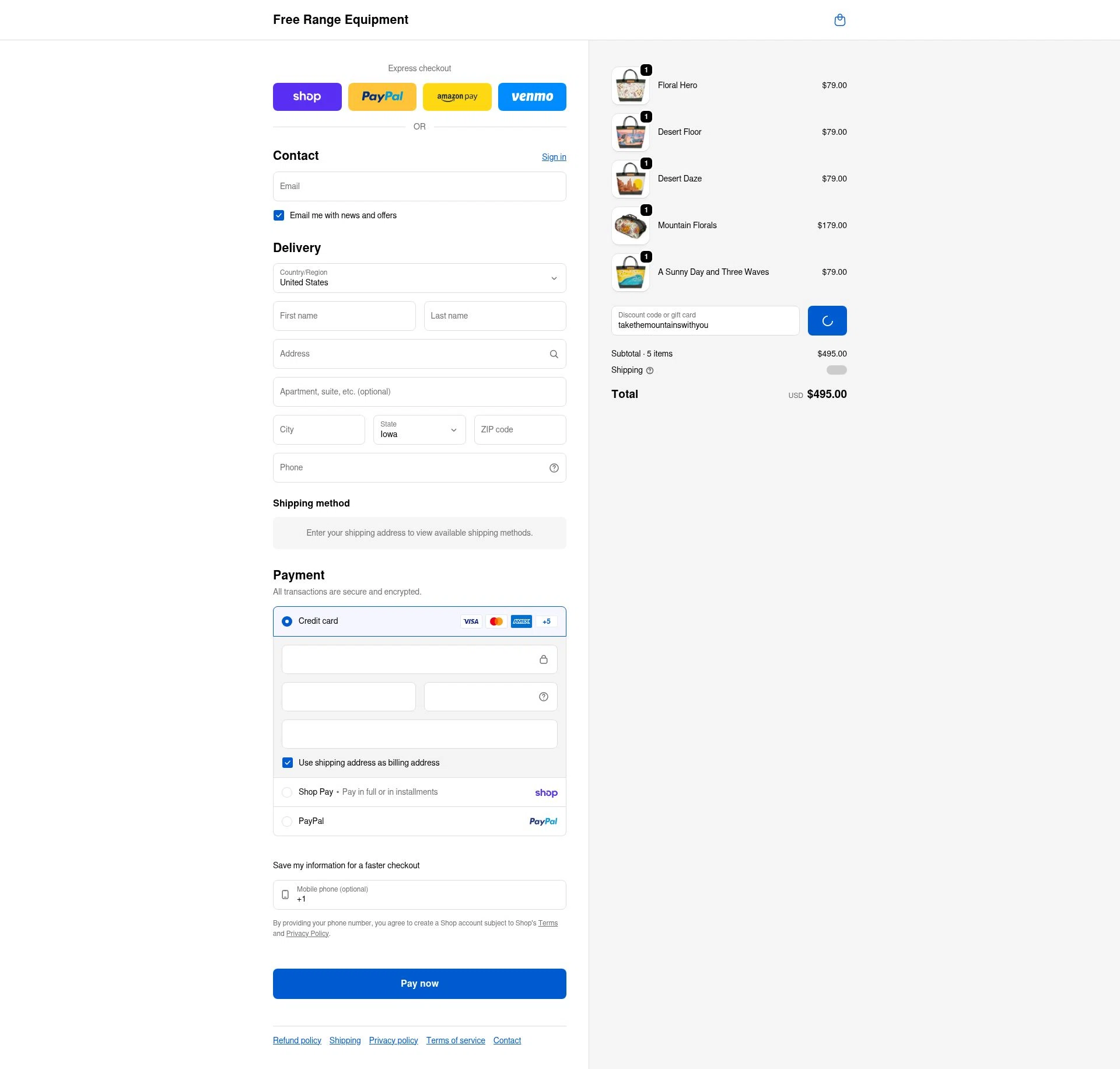 Free Range Equipment checkout page showing Free Range Equipment promo code box | Screenshot taken by SimplyCodes community member on Feb 18, 2026