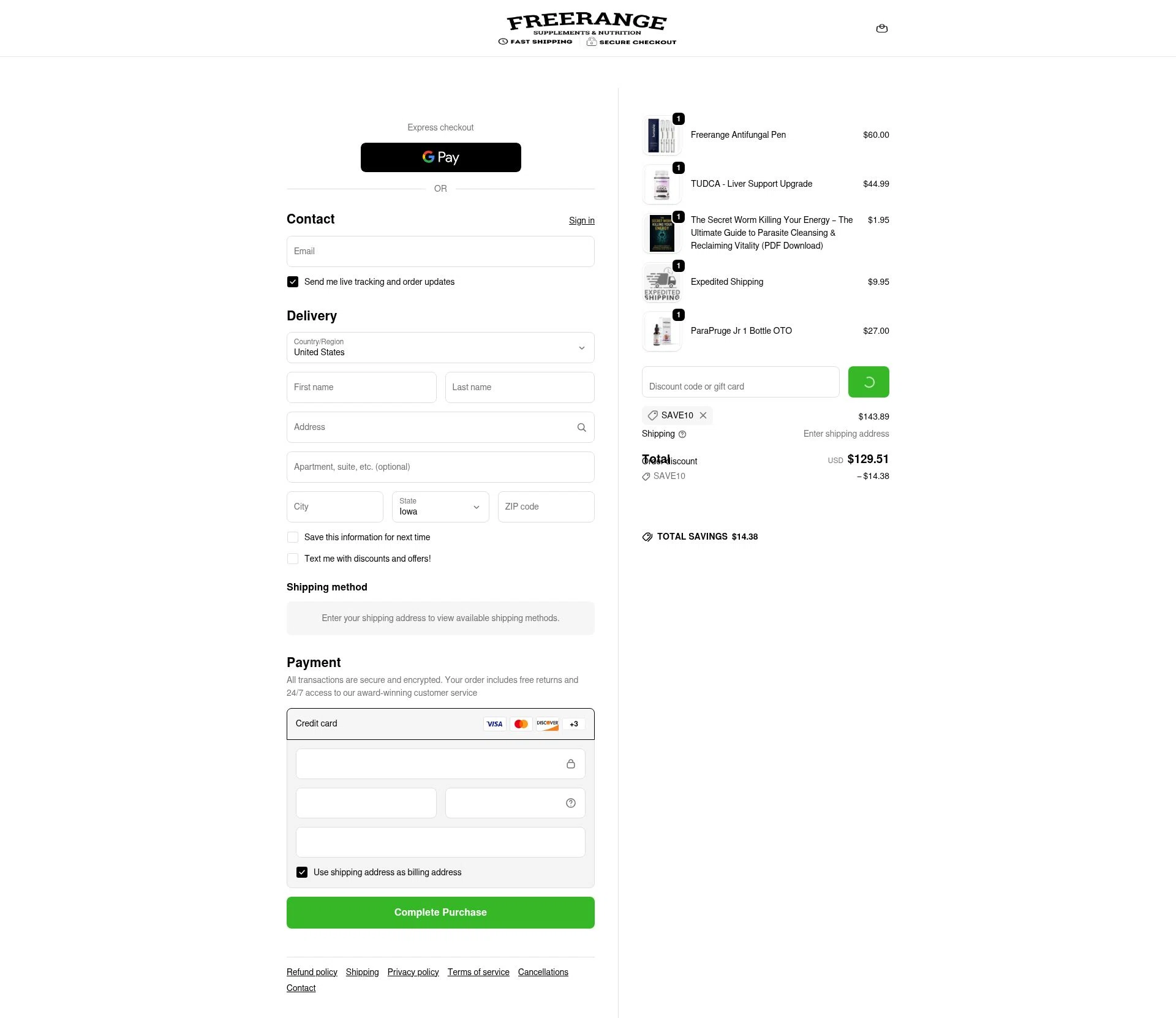 FREERANGE Supplements checkout page showing FREERANGE Supplements promo code box | Screenshot taken by SimplyCodes community member on Jan 3, 2026