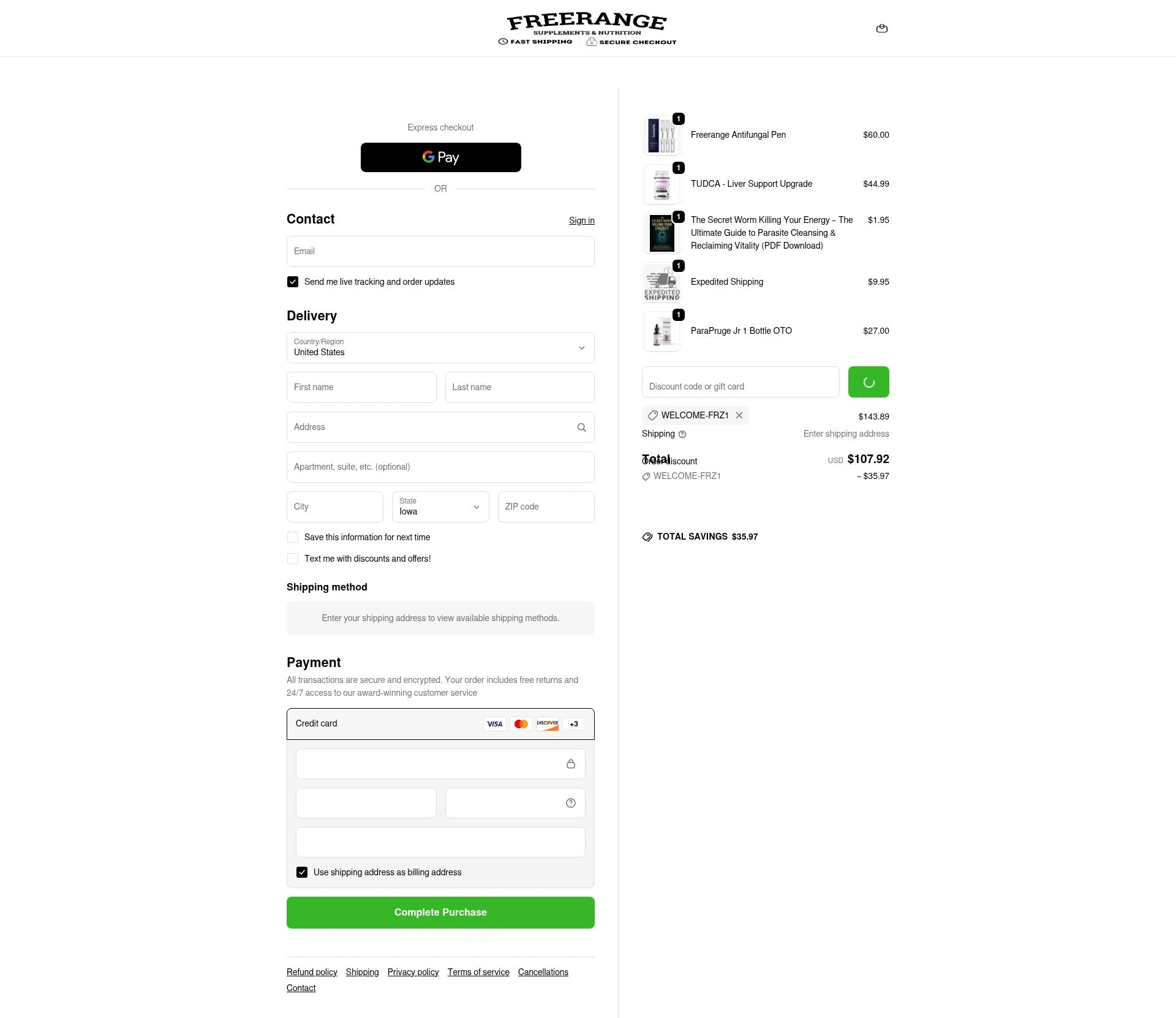 FREERANGE Supplements checkout page showing FREERANGE Supplements promo code box | Screenshot taken by SimplyCodes community member on Jan 8, 2026