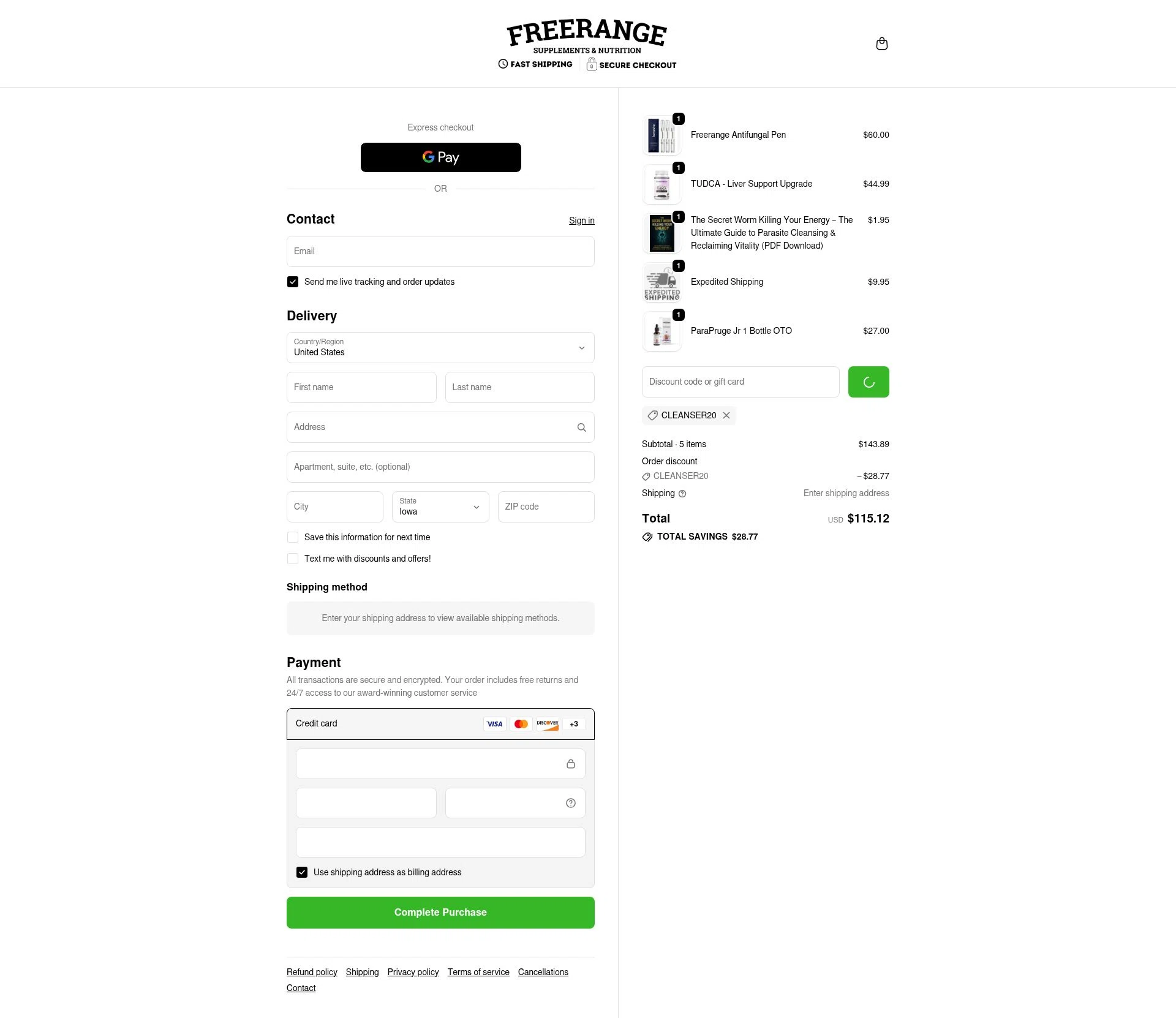 FREERANGE Supplements checkout page showing FREERANGE Supplements promo code box | Screenshot taken by SimplyCodes community member on Jan 3, 2026