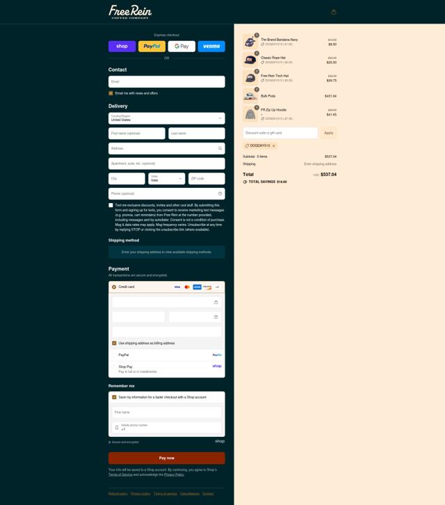 Free Rein Coffee checkout page showing Free Rein Coffee discount code box | Screenshot taken by SimplyCodes community member on Sep 8, 2025