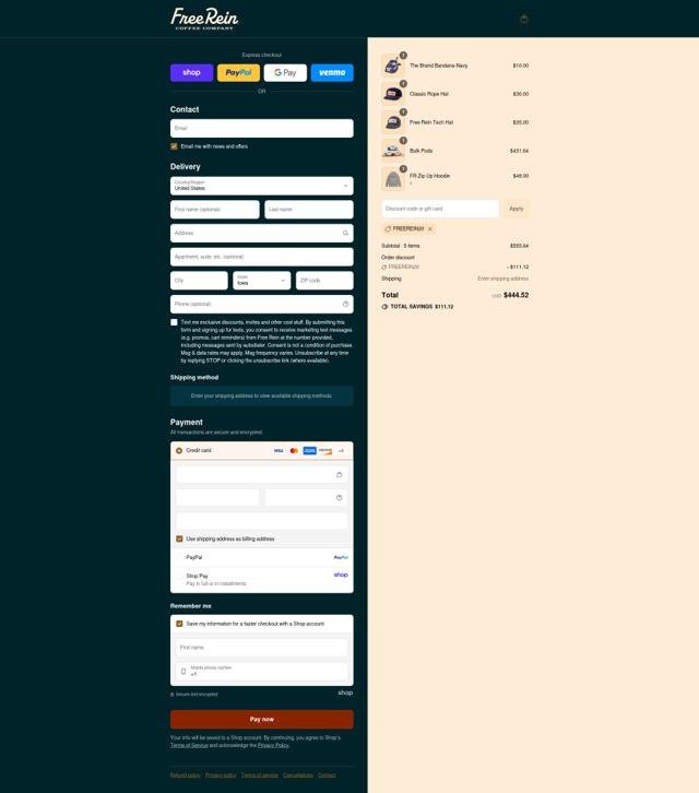 Free Rein Coffee checkout page showing Free Rein Coffee discount code box | Screenshot taken by SimplyCodes community member on Sep 8, 2025