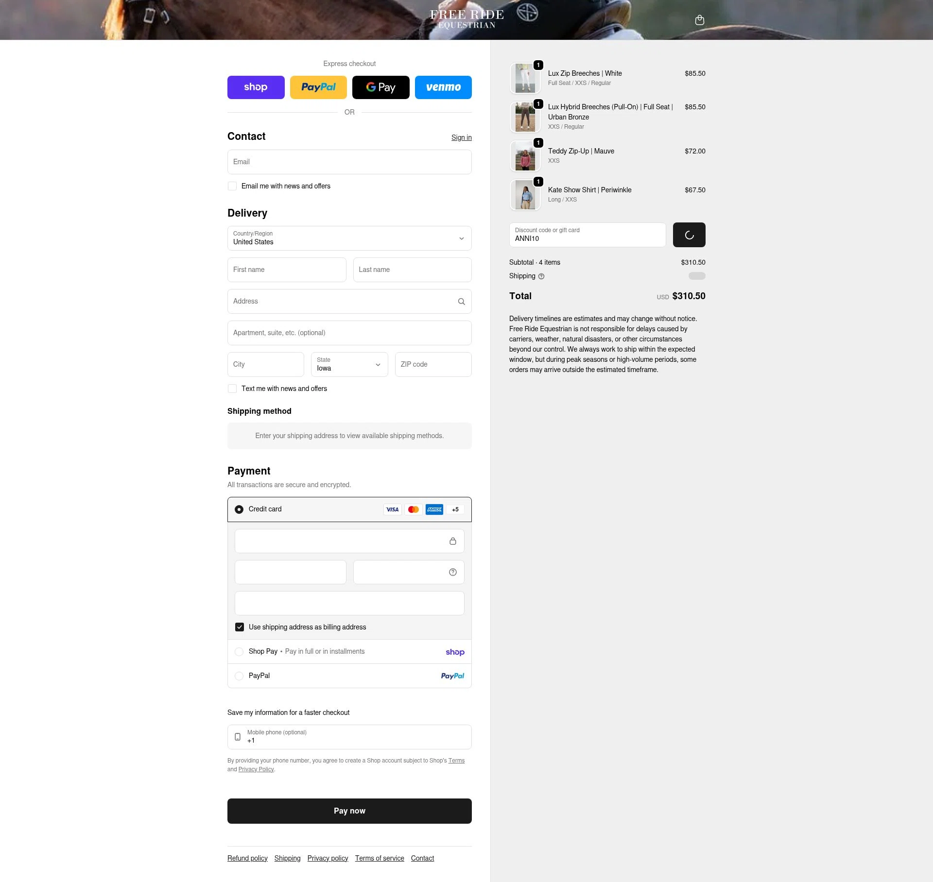 Free Ride Equestrian checkout page showing Free Ride Equestrian discount code box | Screenshot taken by SimplyCodes community member on Feb 14, 2026