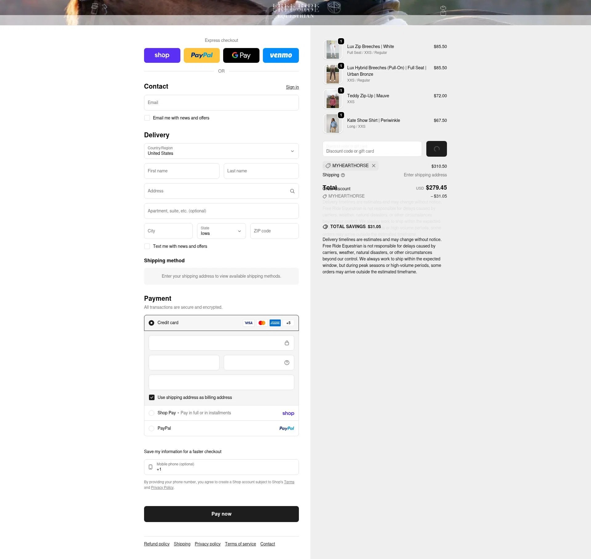 Free Ride Equestrian checkout page showing Free Ride Equestrian discount code box | Screenshot taken by SimplyCodes community member on Feb 9, 2026