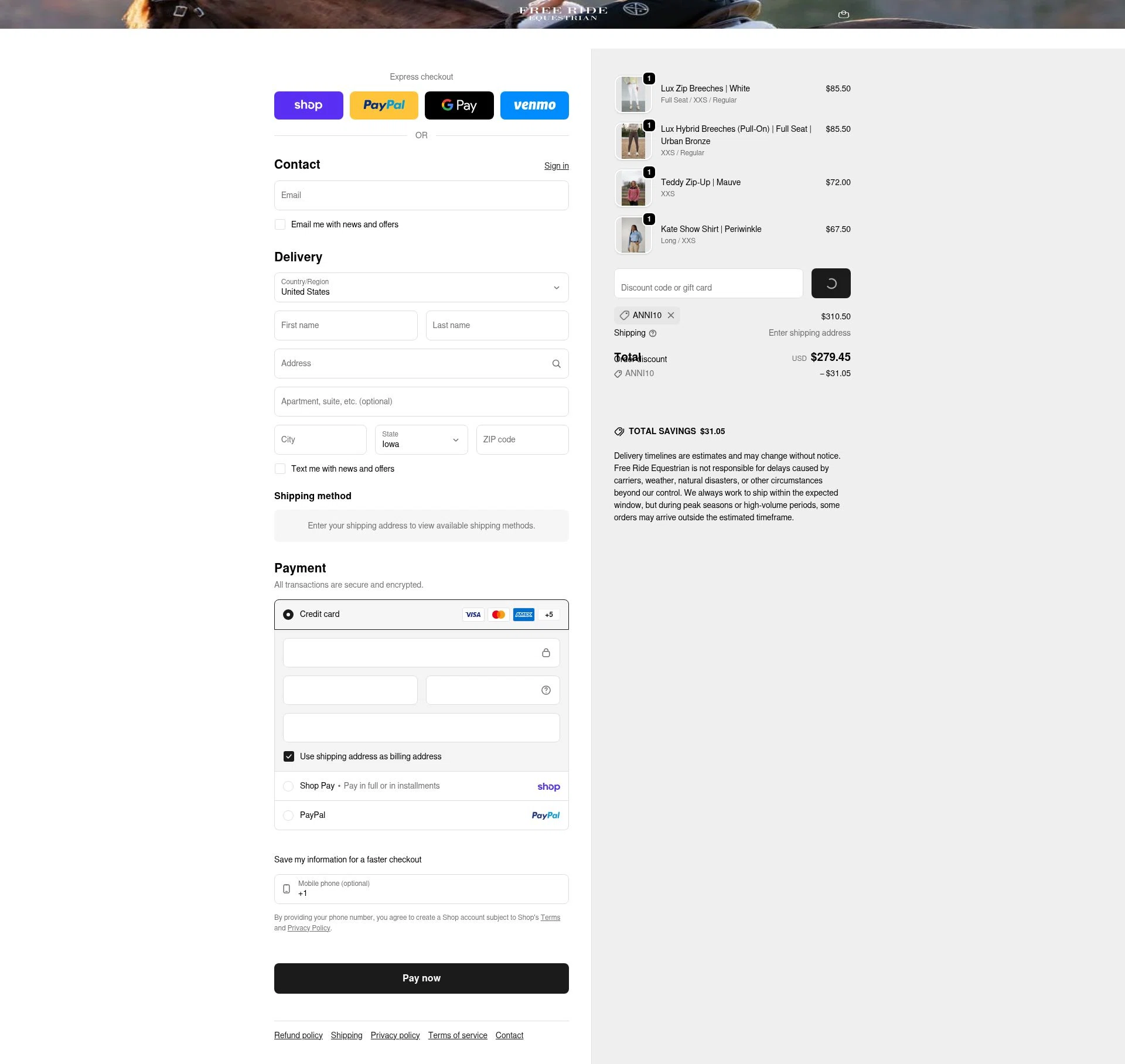 Free Ride Equestrian checkout page showing Free Ride Equestrian discount code box | Screenshot taken by SimplyCodes community member on Feb 9, 2026