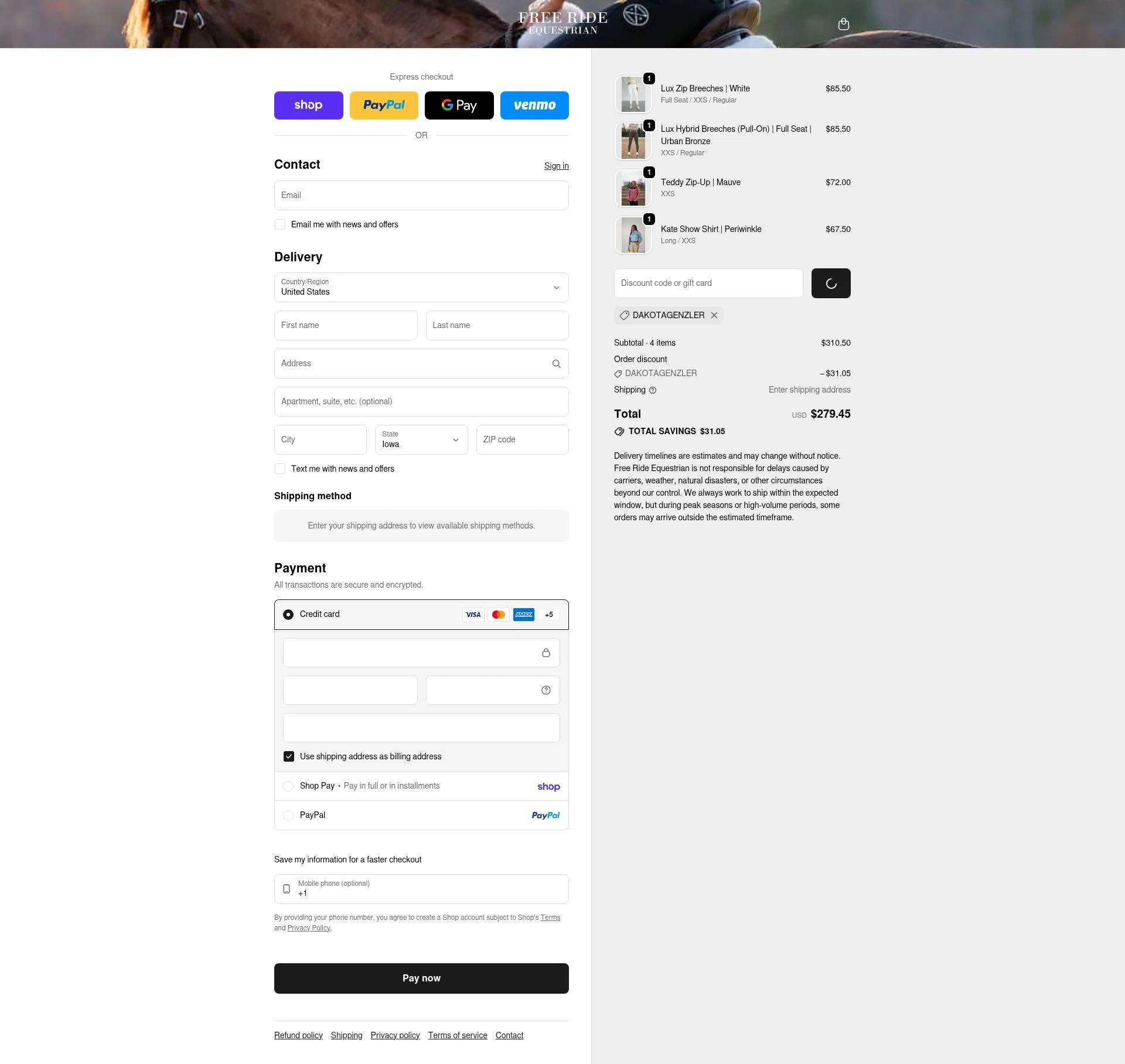 Free Ride Equestrian checkout page showing Free Ride Equestrian discount code box | Screenshot taken by SimplyCodes community member on Feb 14, 2026