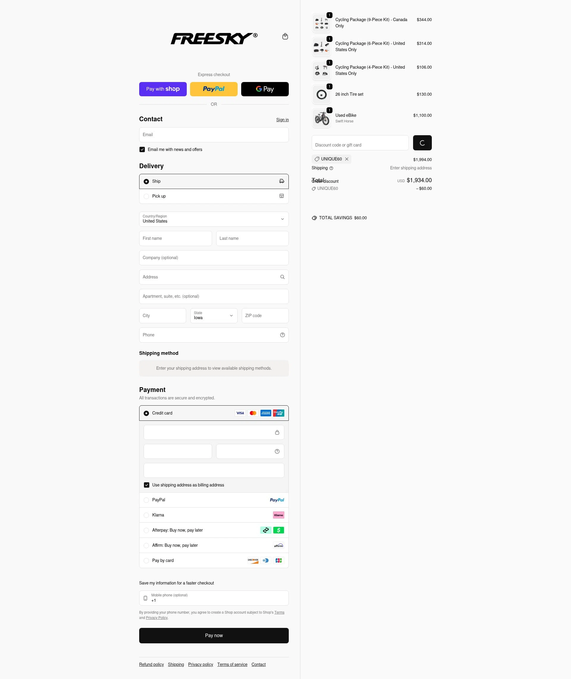 Freesky Ebike checkout page showing Freesky Ebike promo code box | Screenshot taken by SimplyCodes community member on Jan 9, 2026
