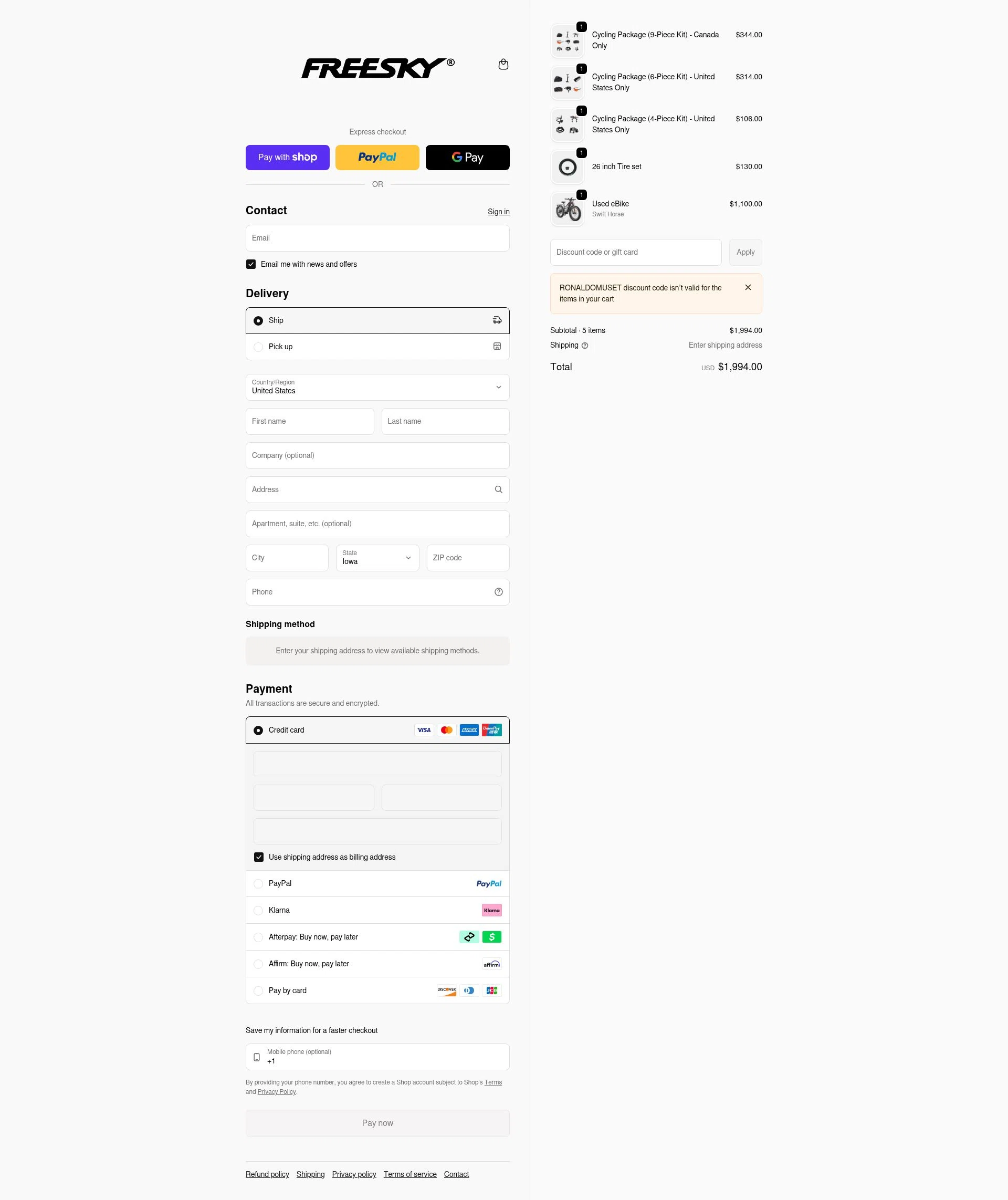 Freesky Ebike checkout page showing Freesky Ebike promo code box | Screenshot taken by SimplyCodes community member on Jan 9, 2026